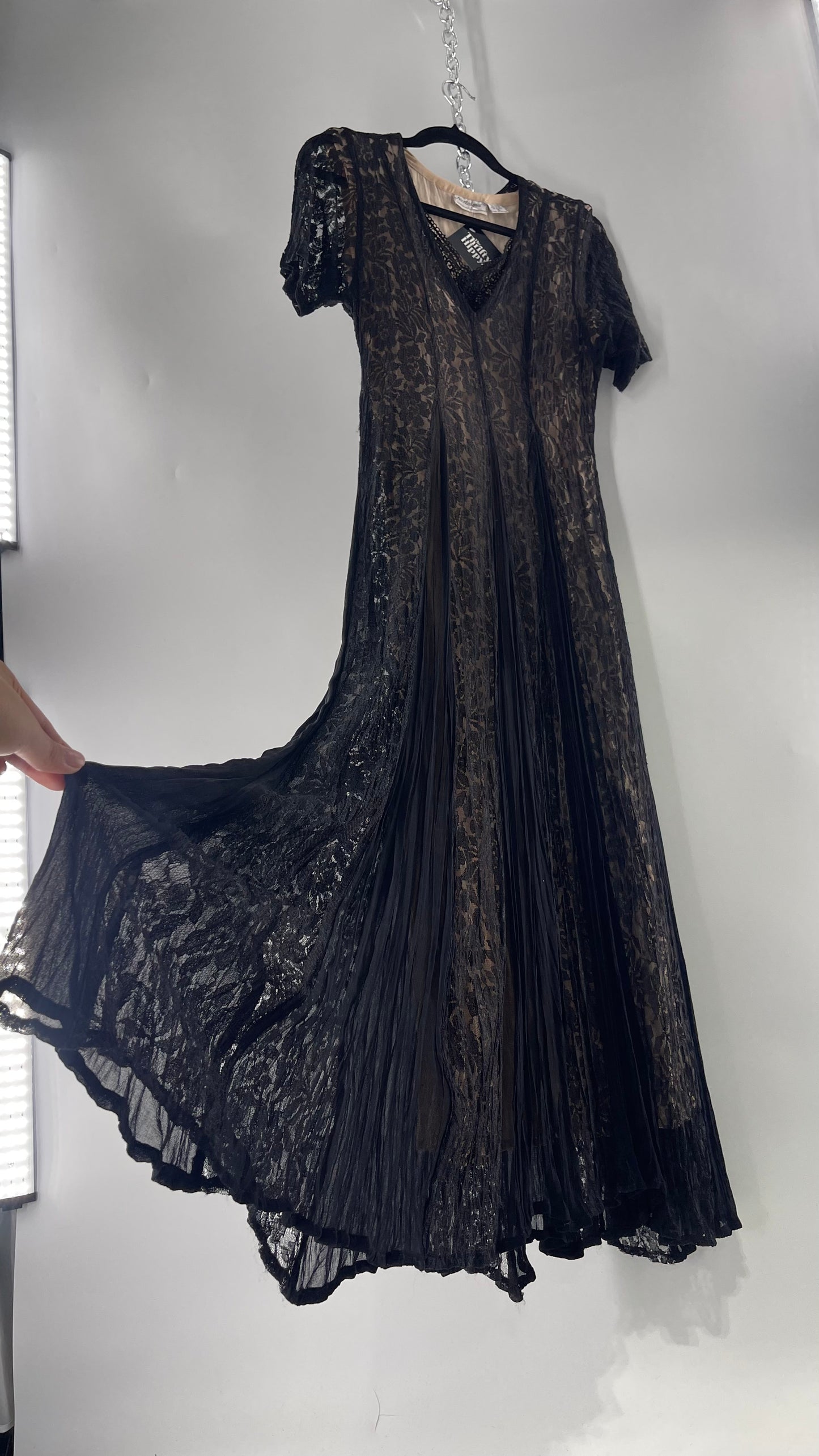Nostalgia Vintage Black Lace Gown with Pleated Vents and Beige Underlay (Small)