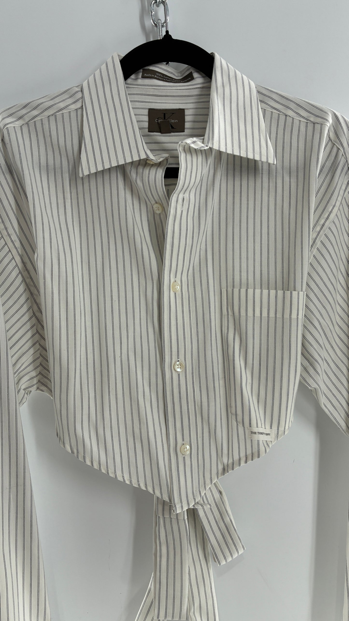 Vintage CALVIN KLEIN Reworked Button Front Backless White Striped Blouse (One Size)
