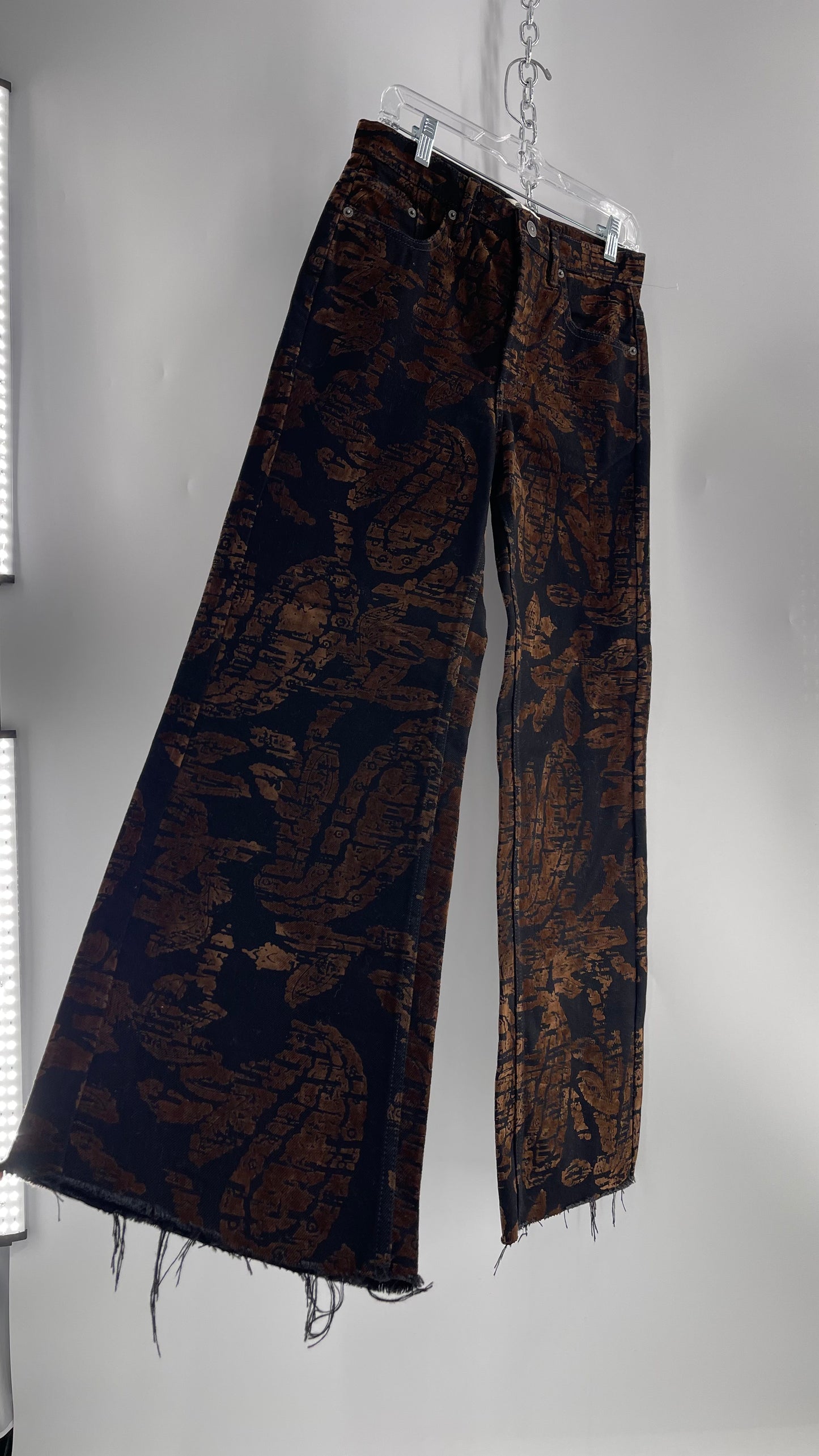 Free People Black/Brown Velvet Texture Graphic Straight Legs with Raw Edge Hem and Tags Attached (28)