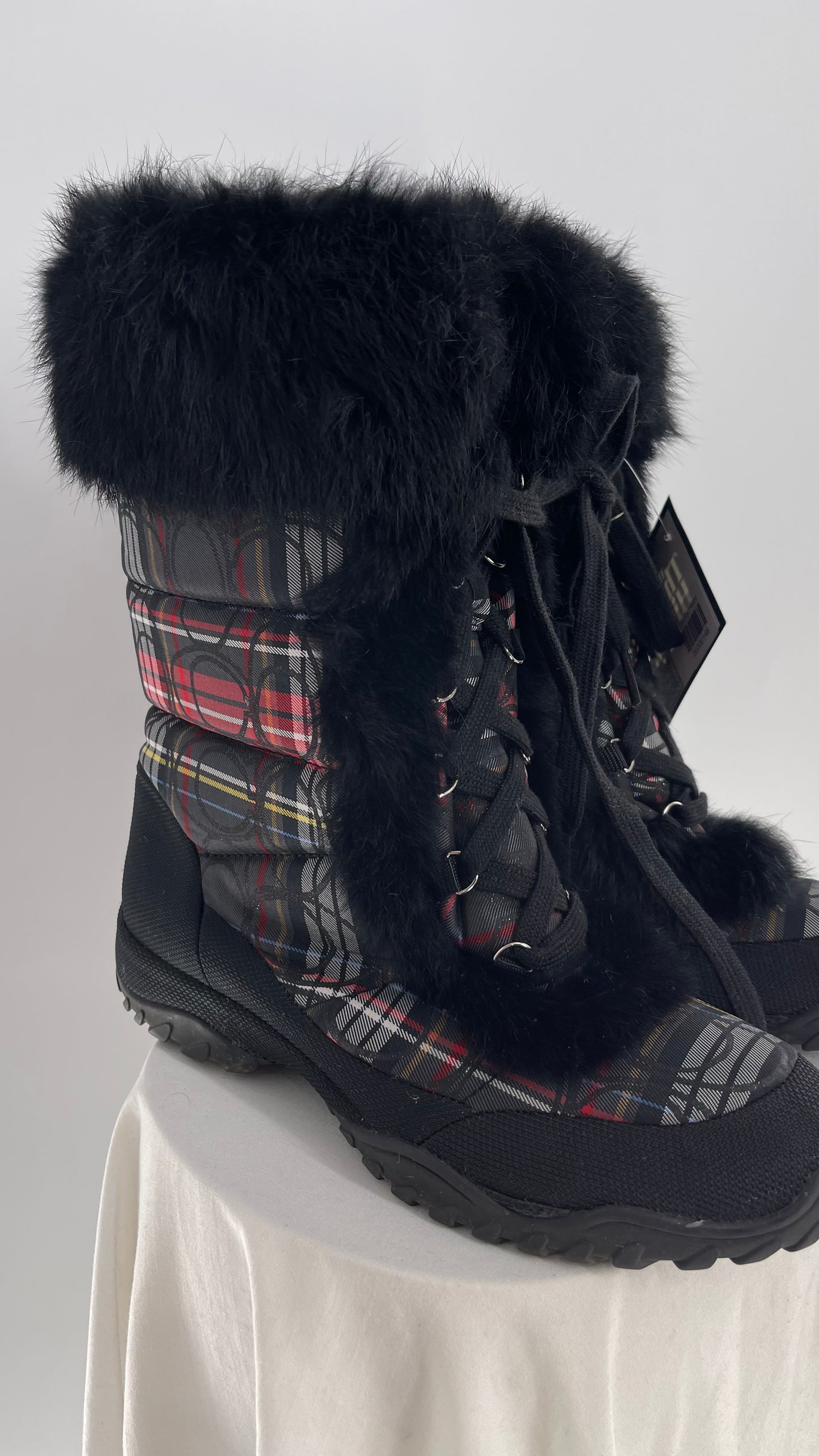 Vintage COACH Jennie Plaid Quilted Logo Patterned Boots with Rabbit Fur Trim (9)