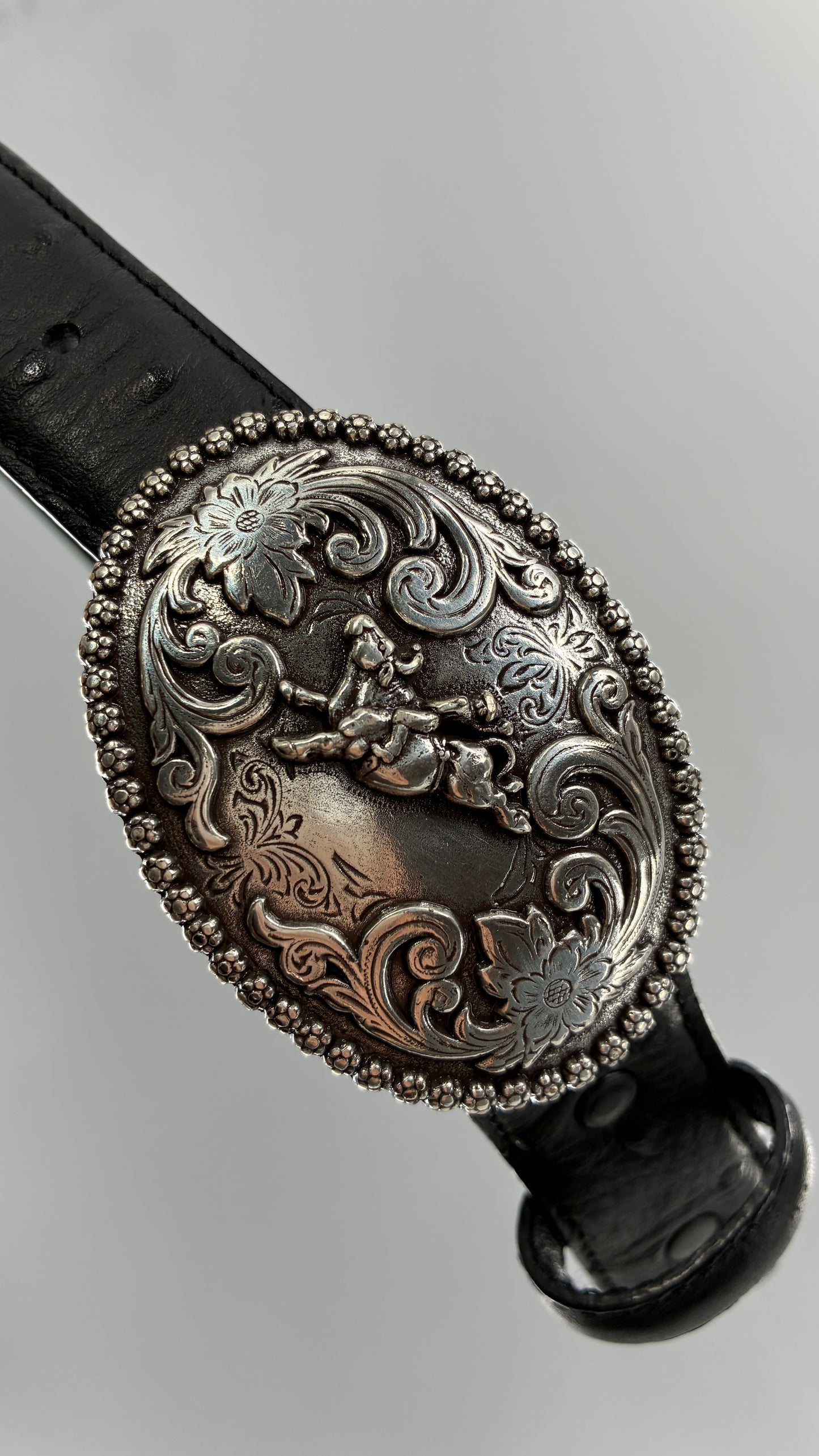 Vintage NOCONA Black Leather Western Style Belt with Oversized Engraved Cowboy Buckle (26)