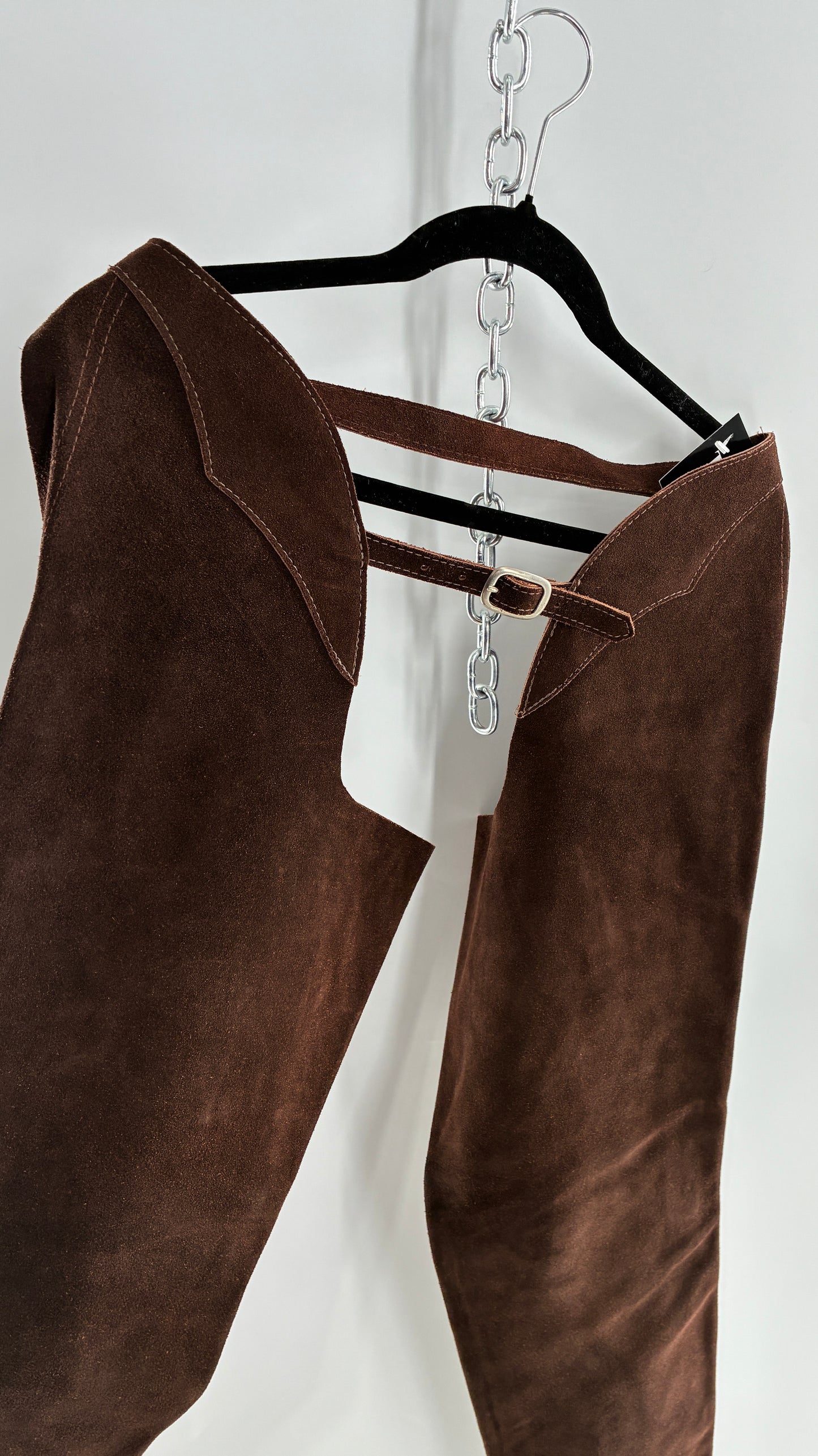 Vintage Chocolate Brown Genuine Suede Leather Chaps with Heavy Duty Side Zipper Detail (XS)