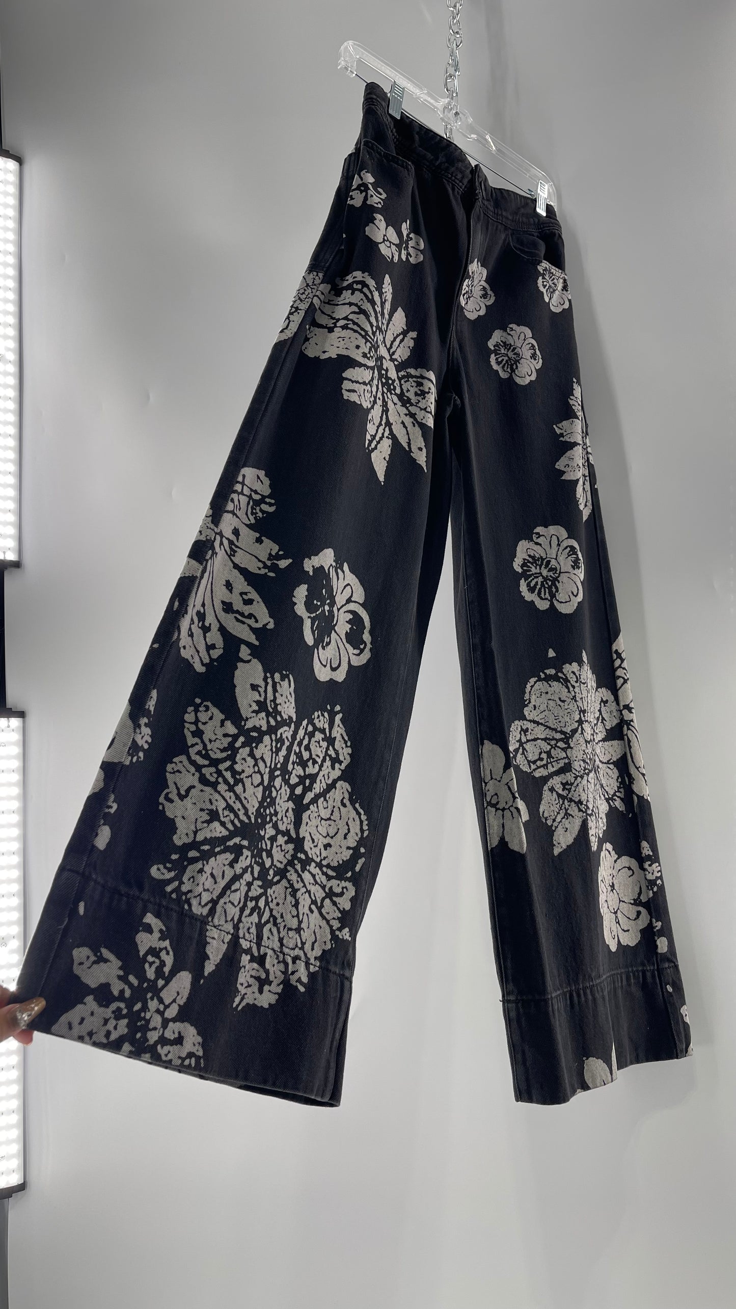 Free People Black Wide Leg Jeans with White Hibiscus Floral Design (29)