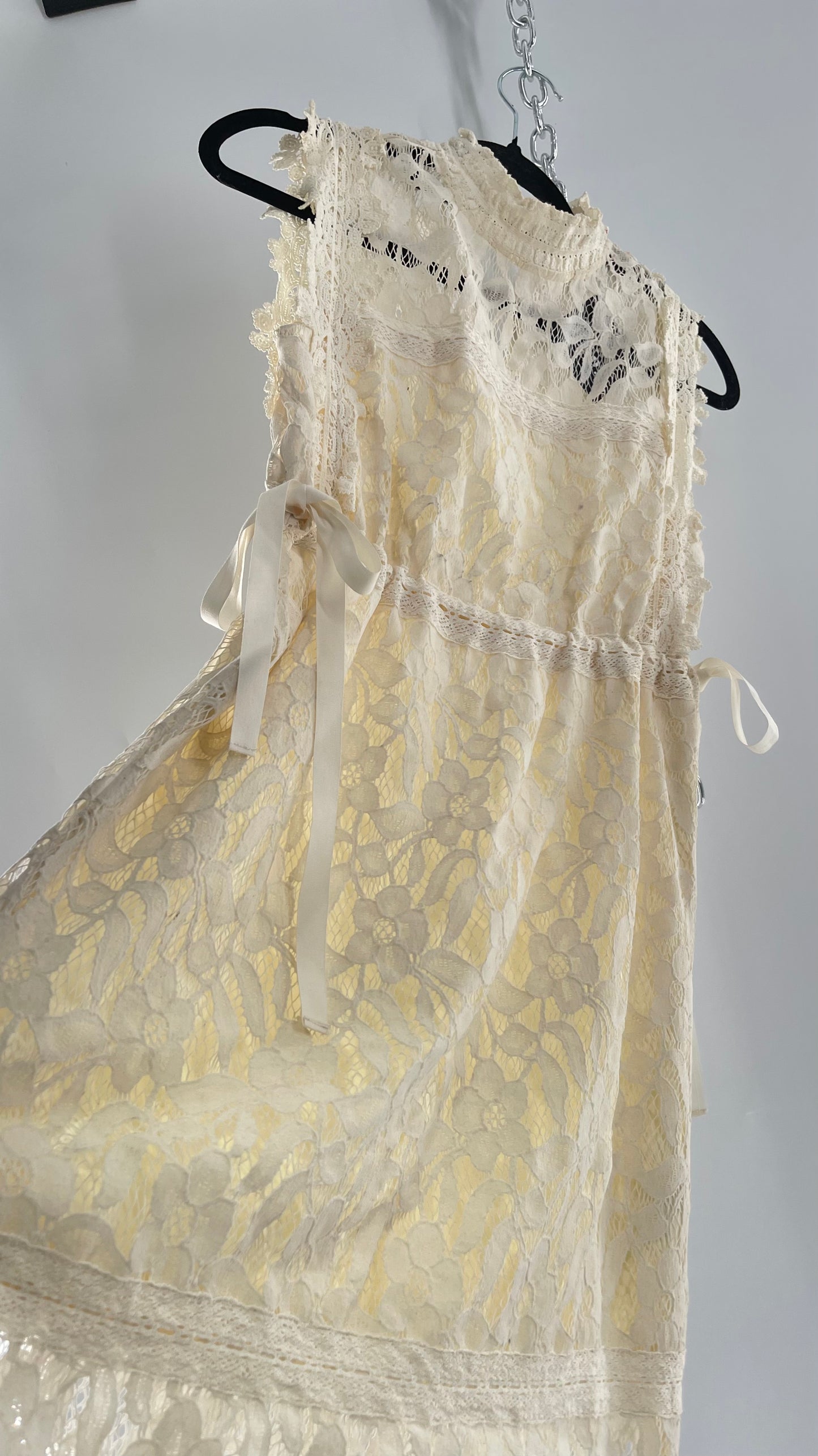 Eri + Ali Anthropologie Velvet Lace MIDI Dress with High Neckline and Side Bow Ties(XS)