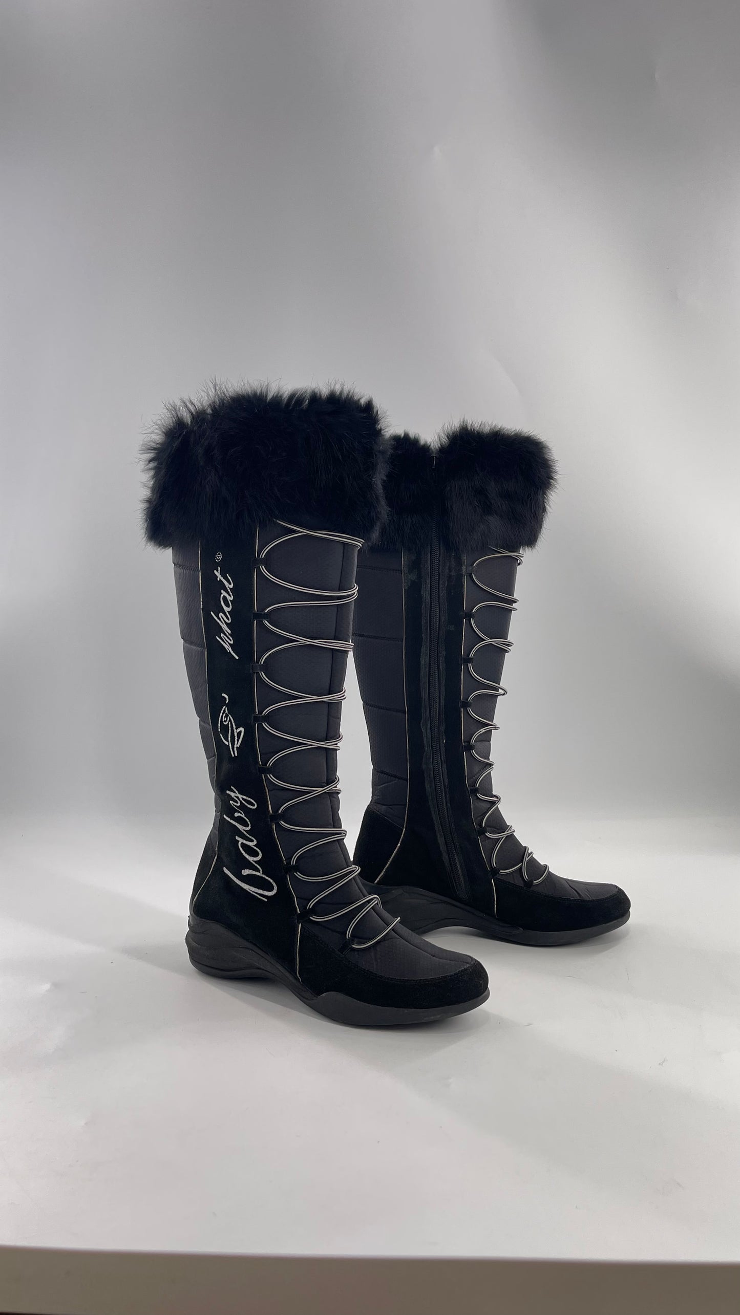 Baby Phat Black Knee High Boots with Rabbit Fur Trim, Bungee Cord Ties, and Embroidered Logo Design (8)