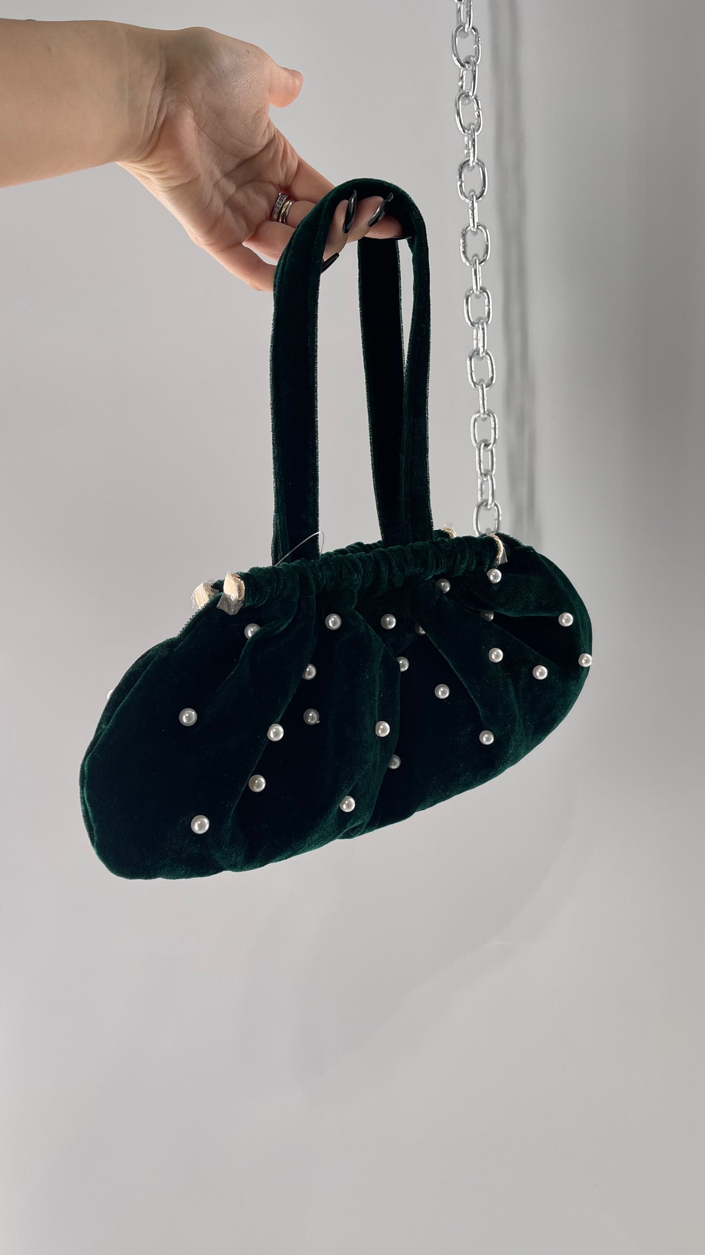 Vintage Deep Green Velvet Purse Covered in Pearls, and Featuring Gold Metal Closure Still Lined in Protective Plastic