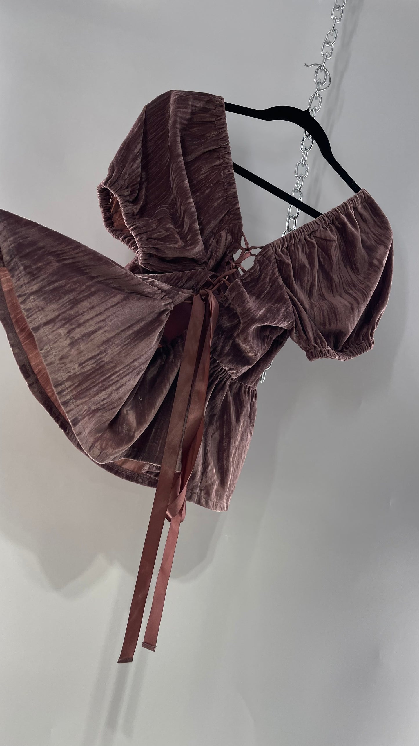 Porridge Dusty Purple Velvet Puff Sleeve Corset-esque Tie Up Back Peplum Blouse with Bust Stitching (Medium)