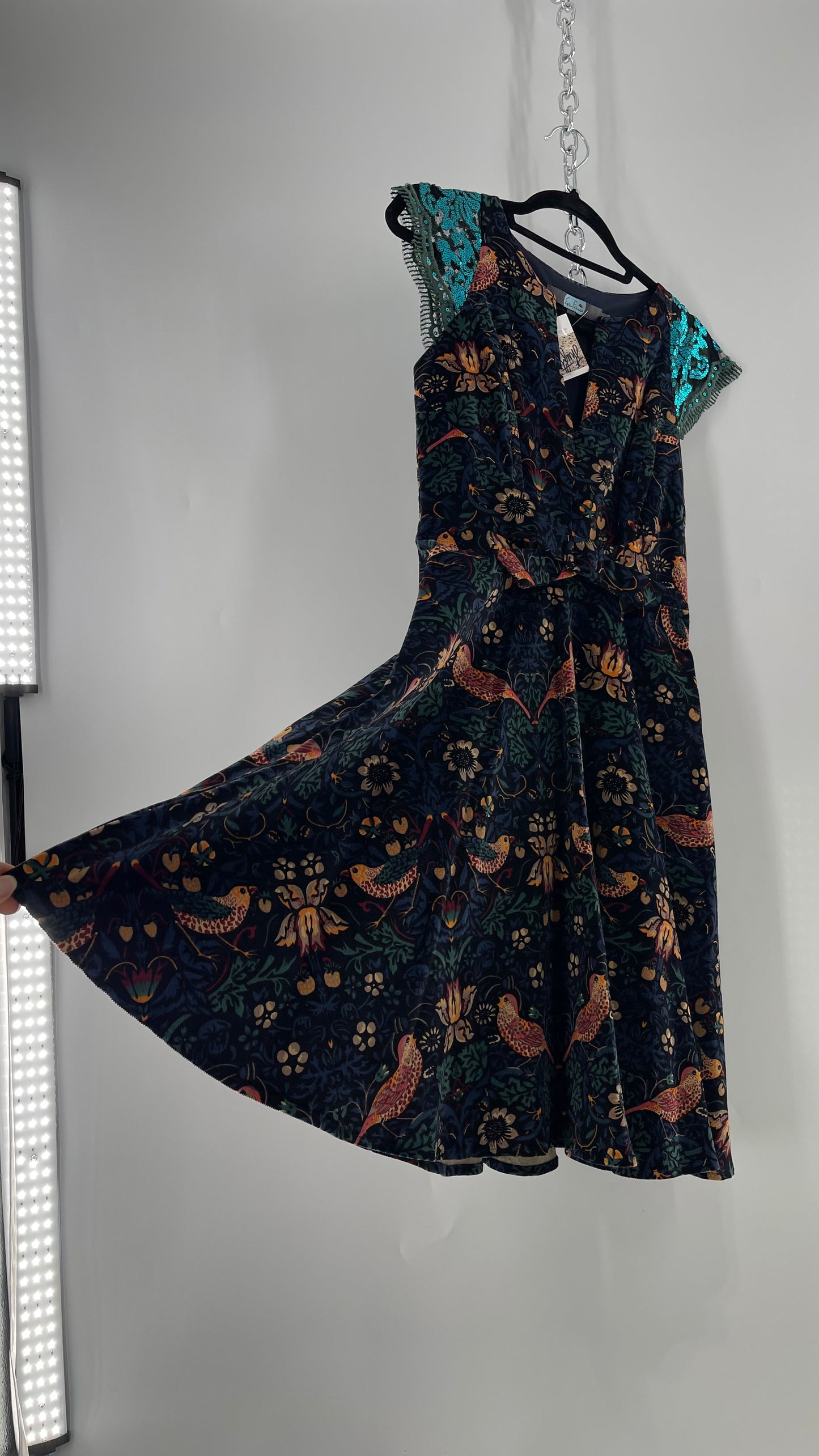 Anthropologie Eva Franco Corduroy Floral Bird Tapestry Print Dress with Sequin Cap Sleeves (4)