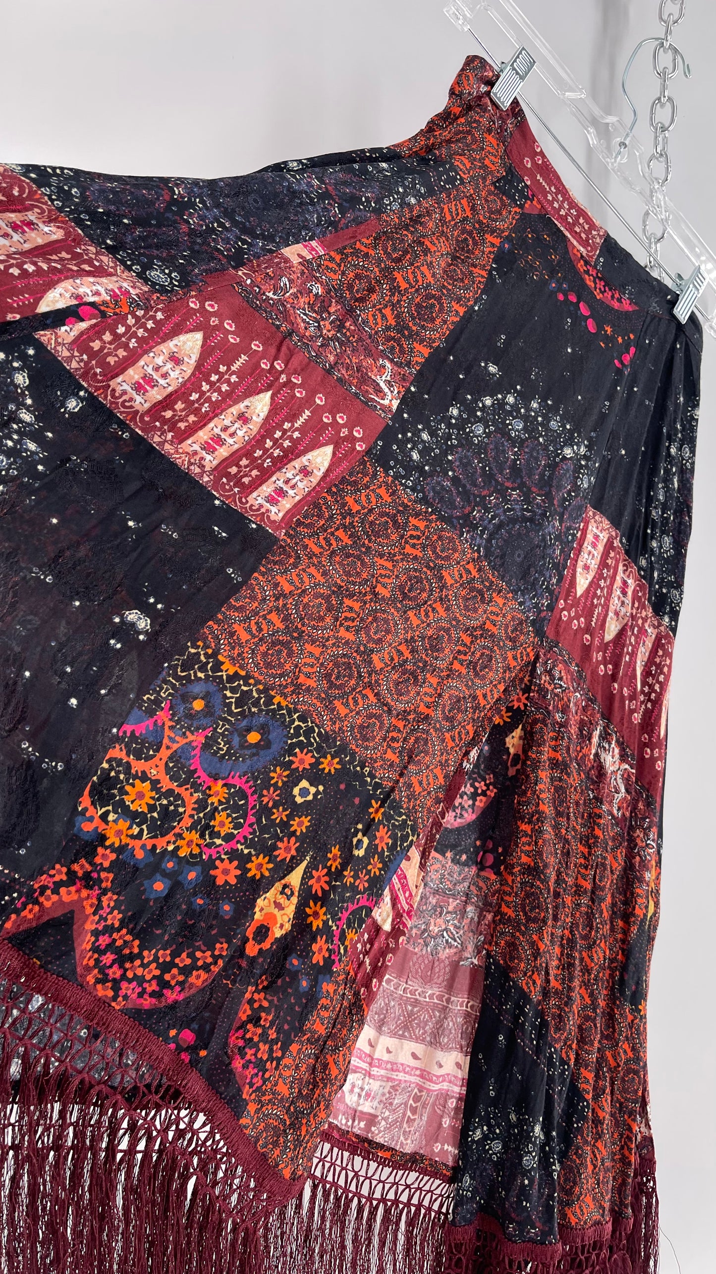 Free People Burgundy Satin Patchwork Patterned Fringe Full Length Skirt with Embossed Symbols and Side Slit Tags Attached (0)