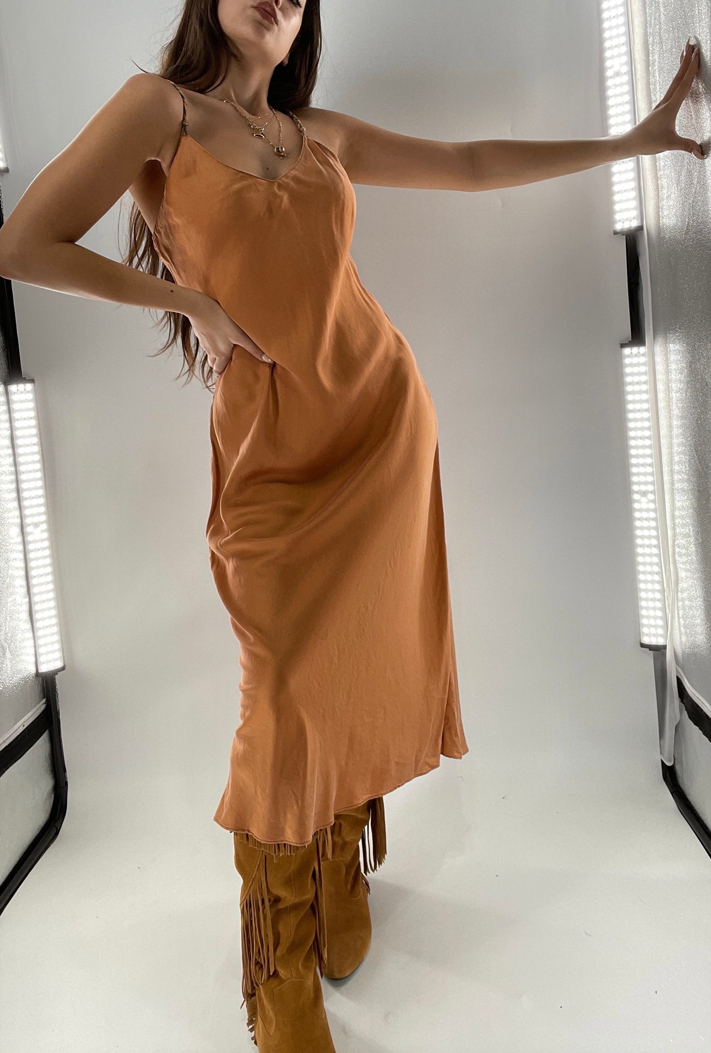 DIANE GILMAN 100% Silk Terracotta Clay Toned Tan Dress (Medium)