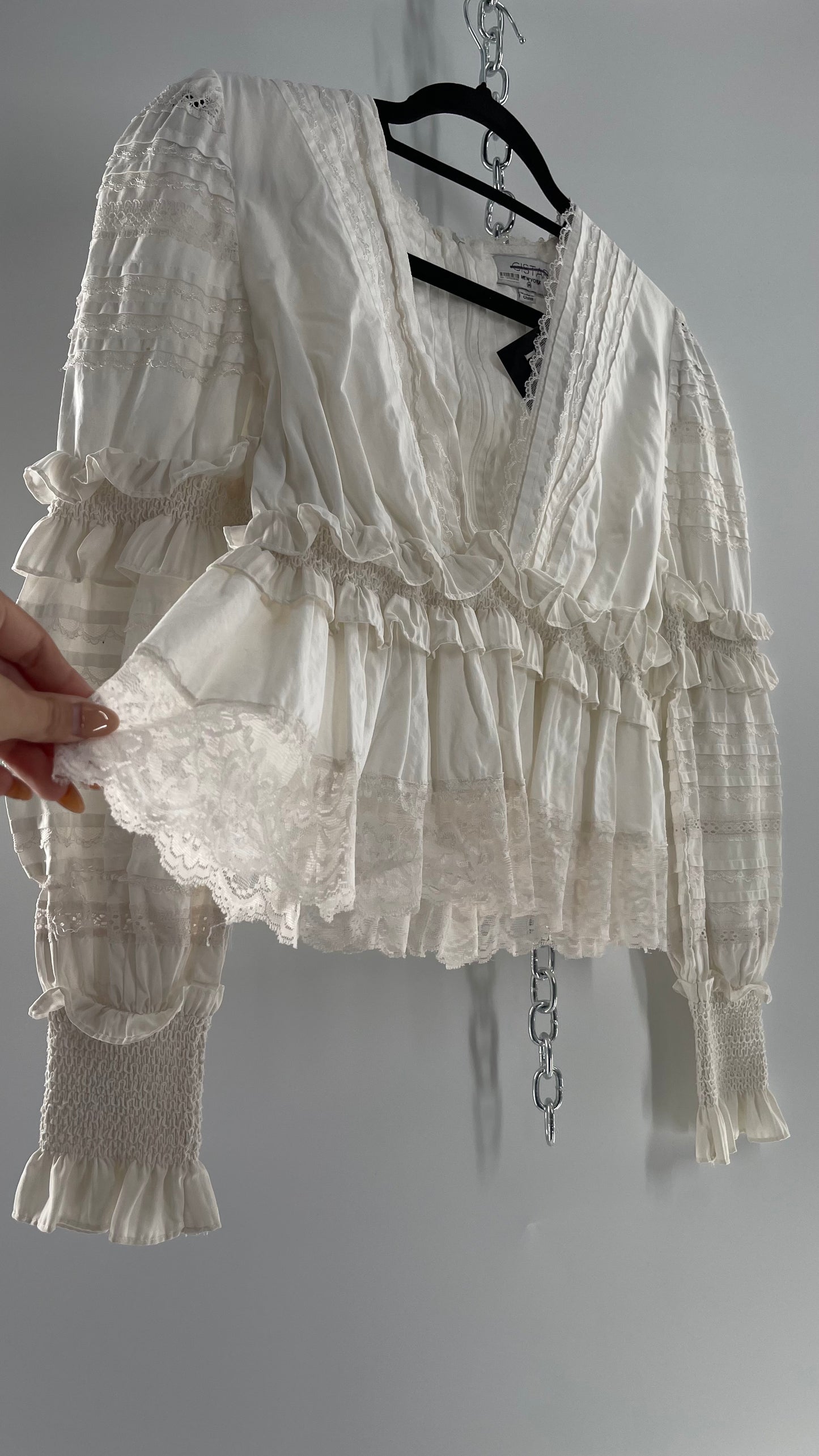 CISTAR NEW YORK White Balloon Sleeve Blouse Adorned in Delicate Ruffled and Lace (Medium)