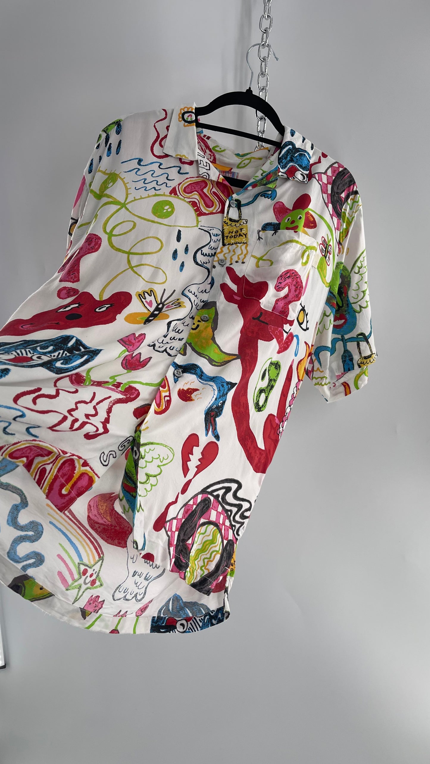 Urban Outfitters Happy Days Colorful Doodle Button Up (Large)