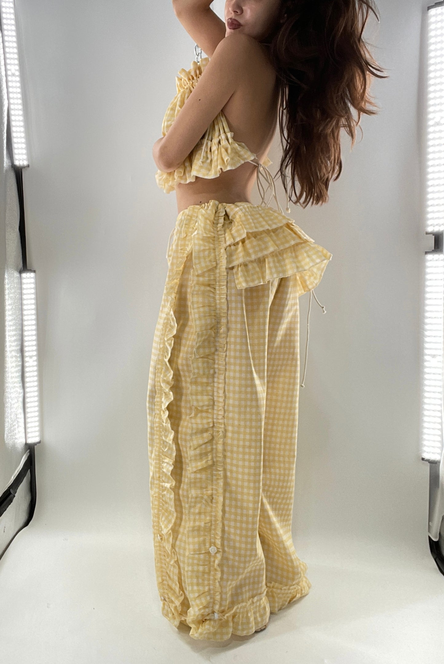 Vintage 2 Piece Yellow Checkered/Gingham Patterned Picnic Set with Ruched Bust Top and Ruffle Side Wide Legs with Adjustable Length, Strap Up Buttons on Hem (One Size)