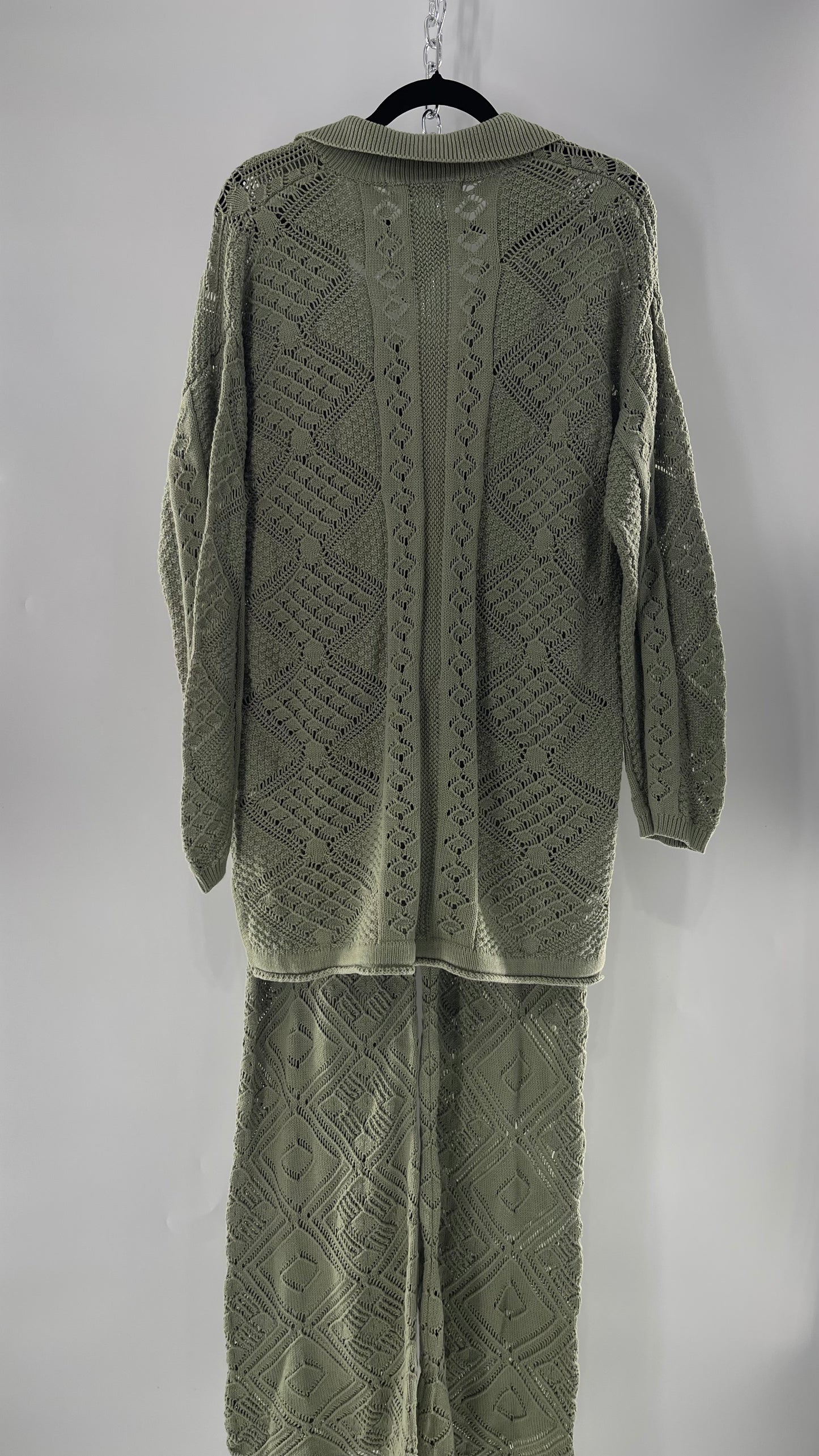 Free People Beach Sage Green Crochet Wooden Button Front Cardigan and Wide Leg Set (Medium)