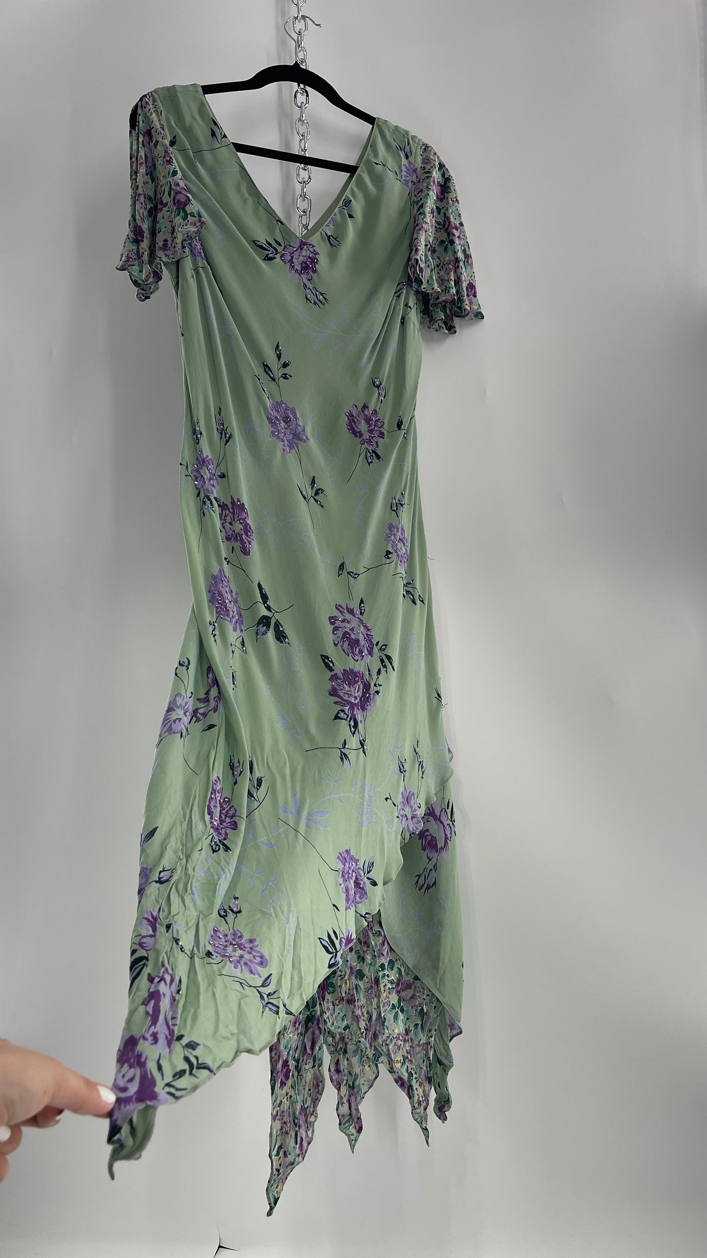 Vintage 1990s EVA BLUE Sage Green Dress with Purple Beaded Florals and Handkerchief Hem(16)