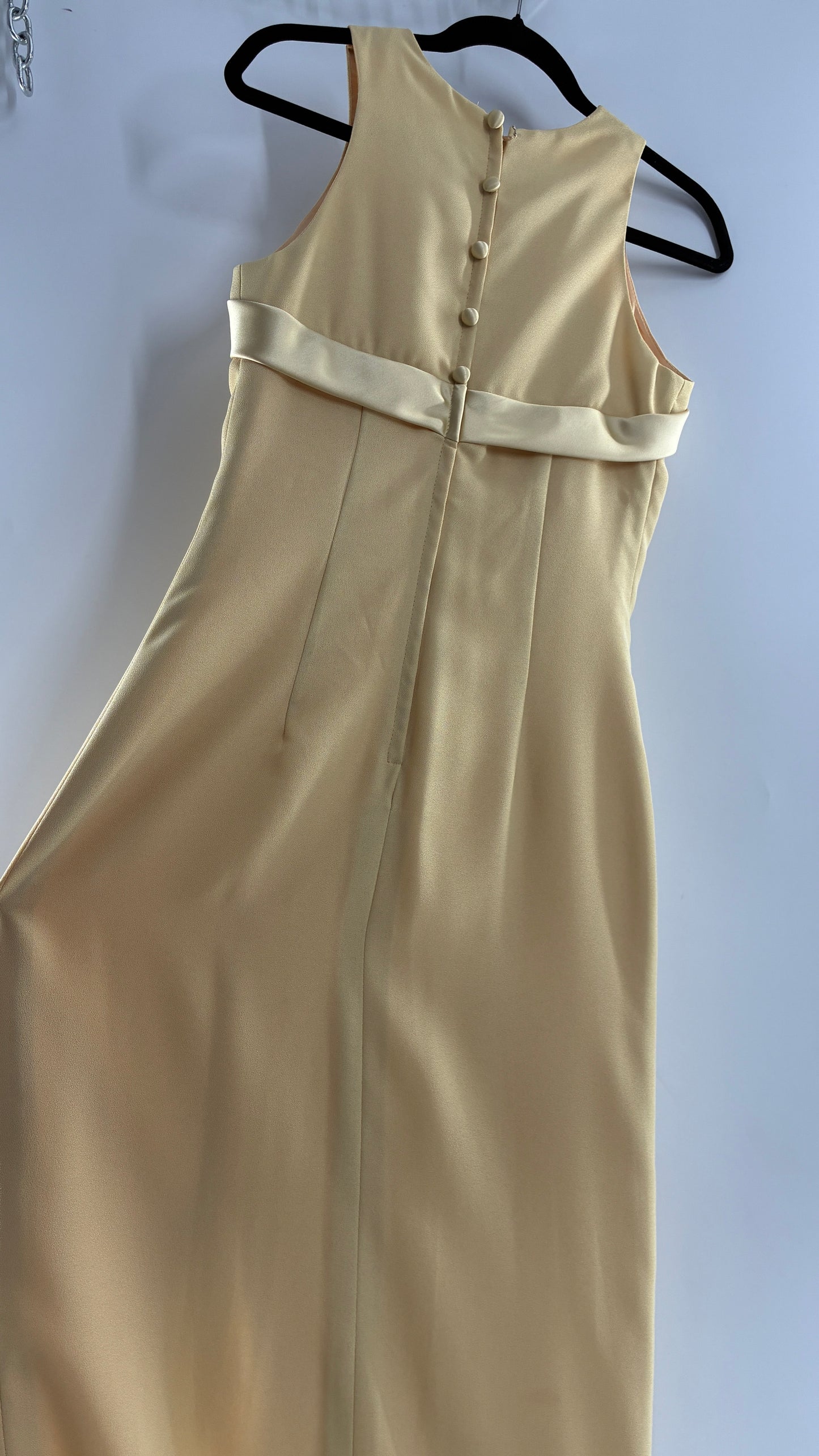 Vintage ALYCE’S Baby Yellow High Neck Satin Bow Bust, Side Slit, Button Back Gown (Measured)