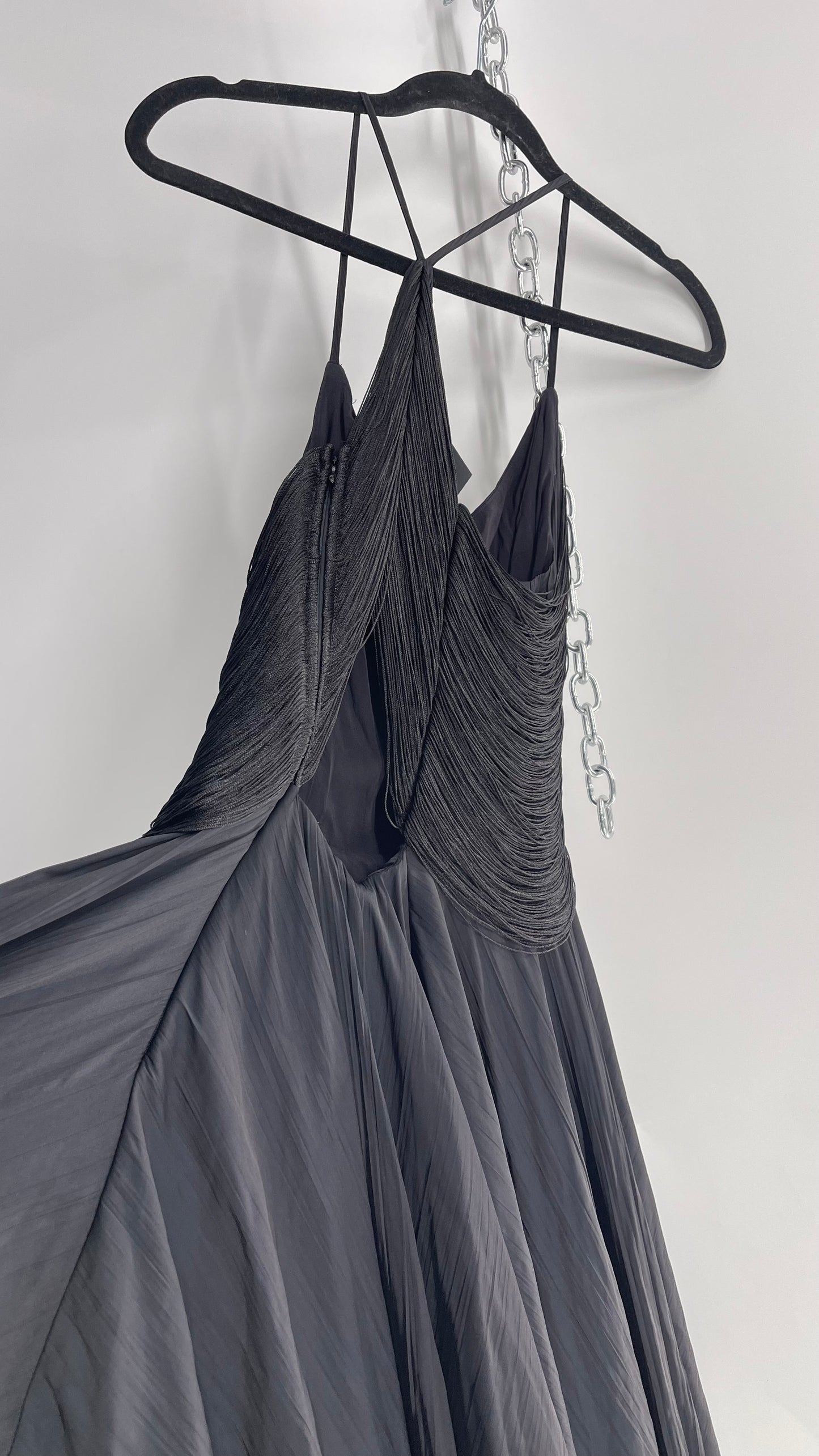 Anthropologie Black Handkerchief Hem Midi Dress with Heavy Draped Rope Bodice (4)