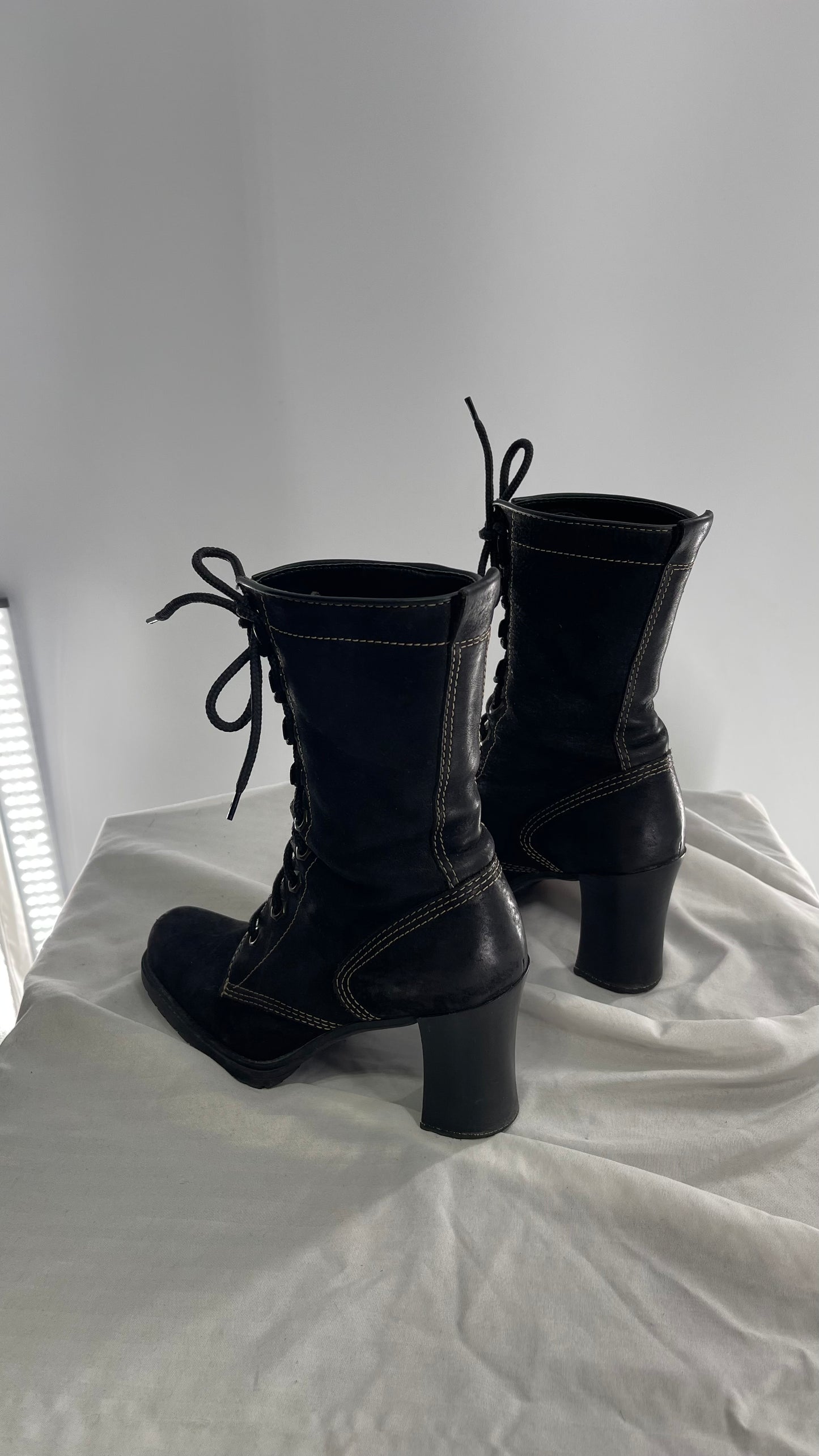 Vintage Nine West Leather Black Lace Up Combat Boots (7)