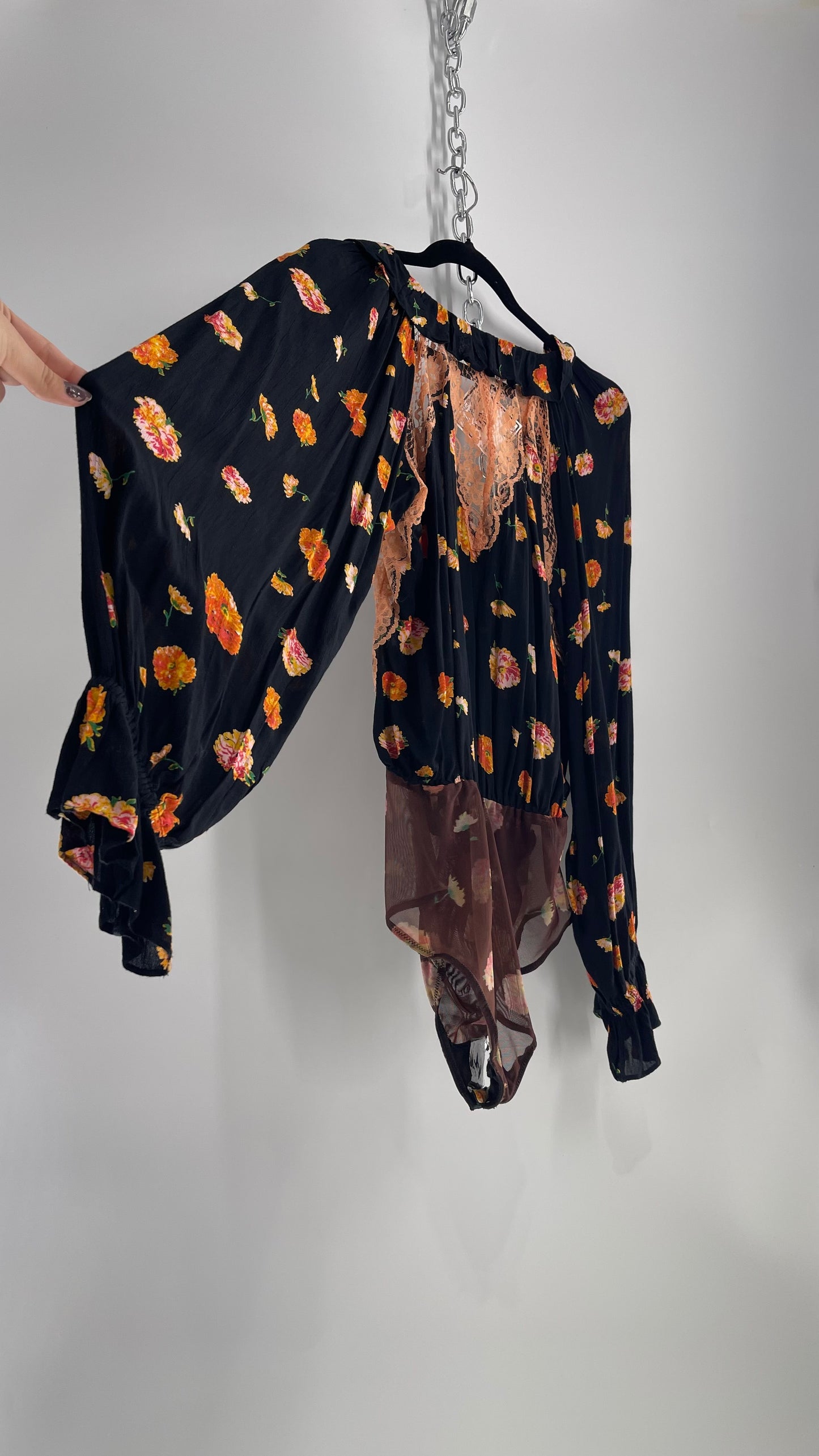 Free People Black and Peach Orange Floral Bodysuit with Balloon Sleeves (Small)