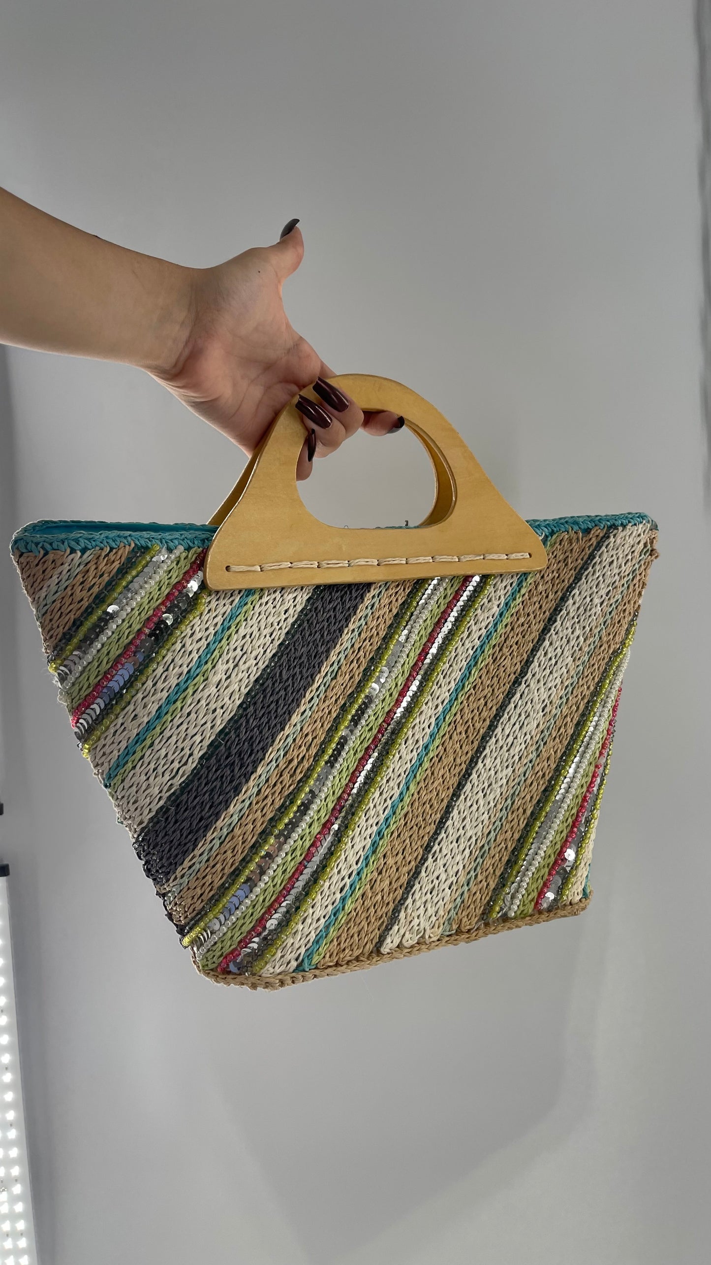 Vintage Woven Straw Purse with Sequins and Beaded Details