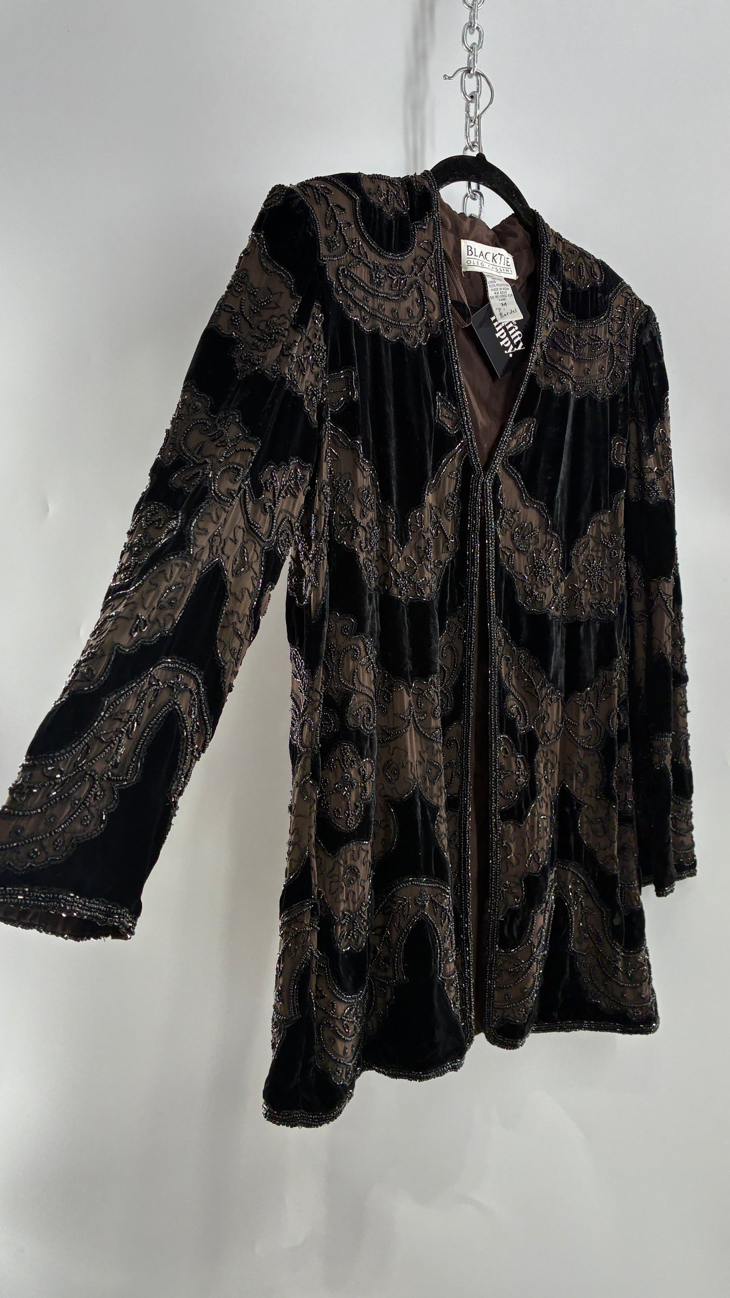 Vintage OLEG CASINI 100% Silk Velour Heavily Beaded Coat (Medium)
