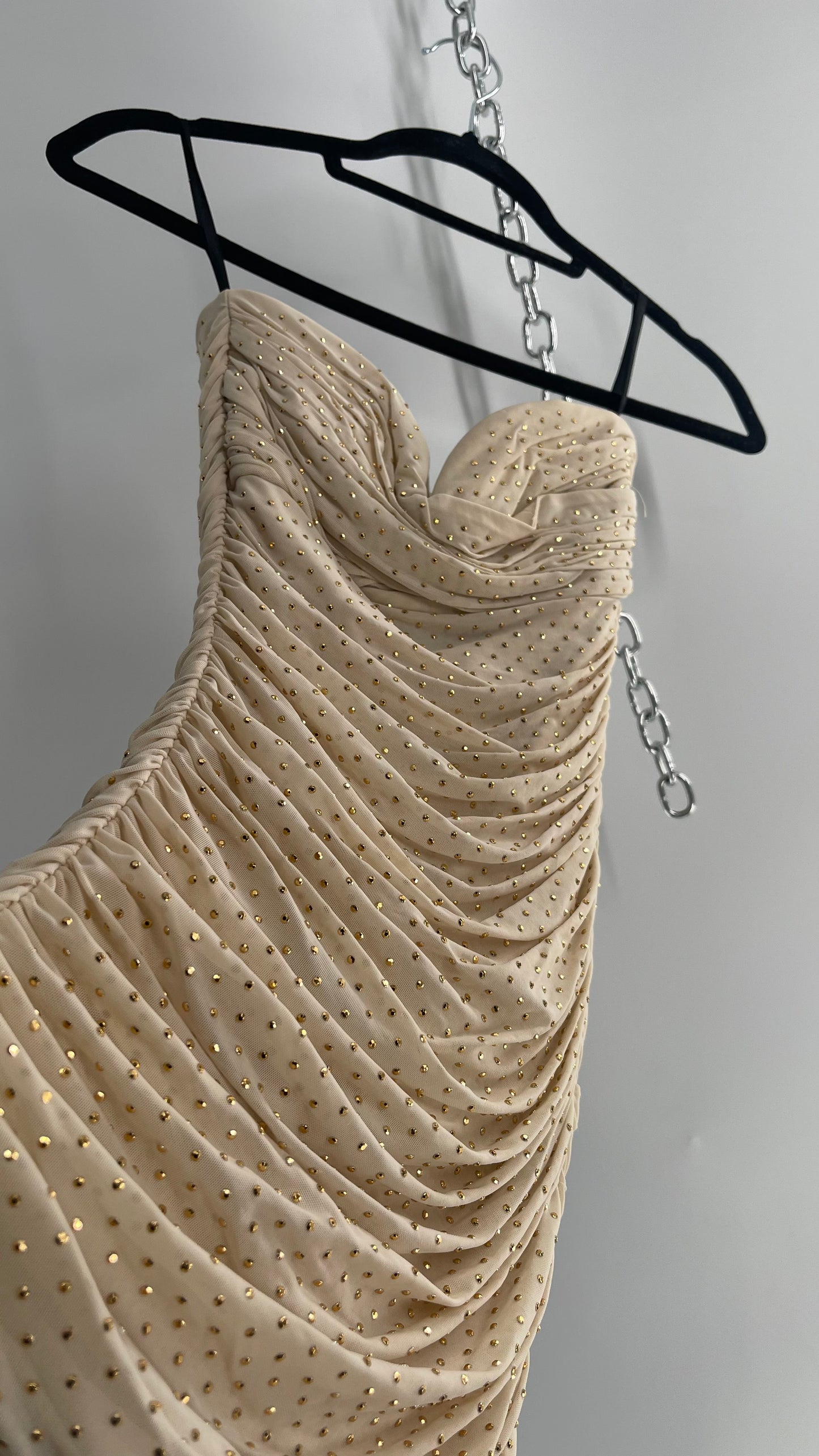 Vintage BEBE Beige Gold Studded, Ruched Mini Dress with Built In Corset (XXS)