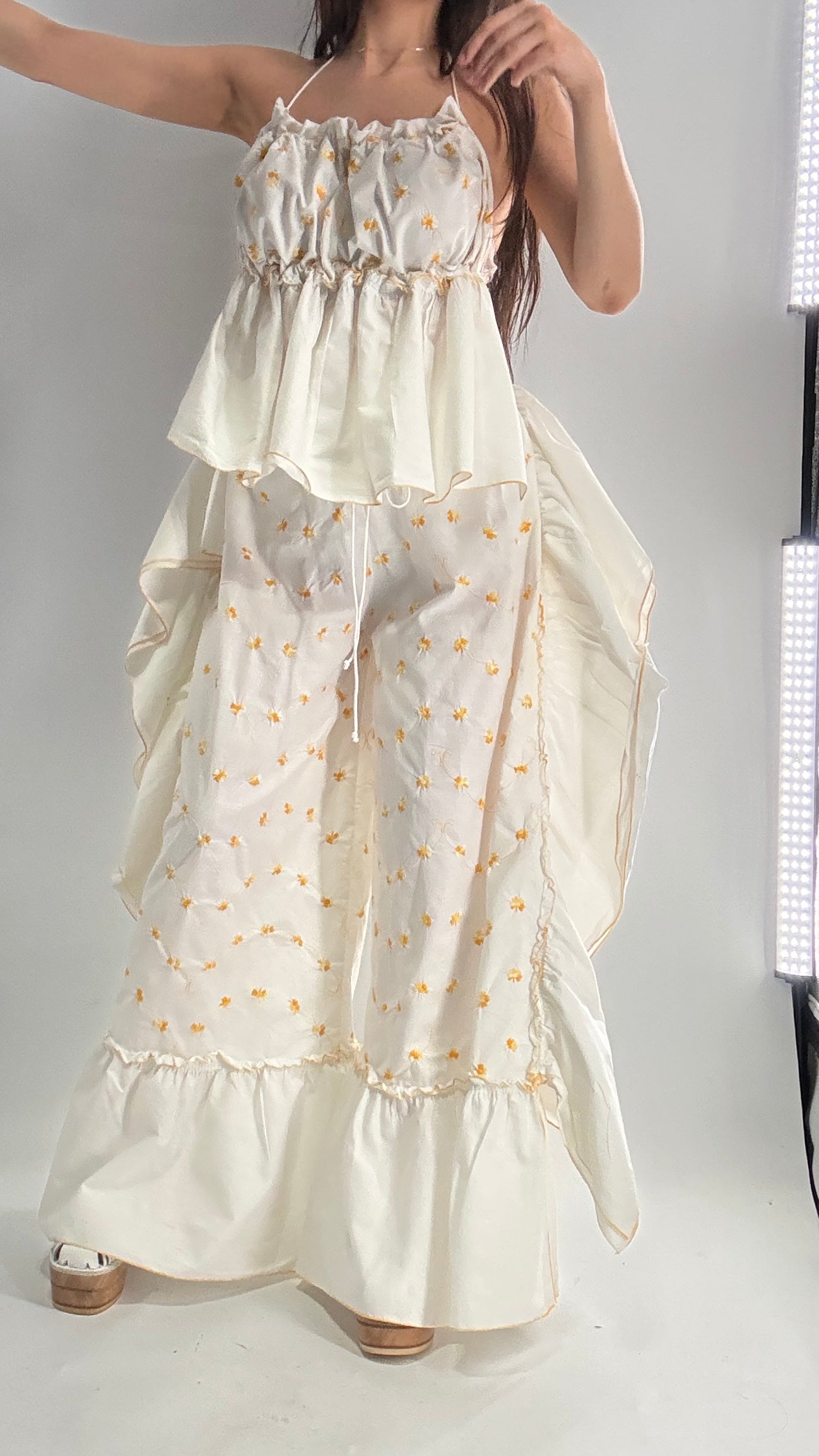 Vintage Handmade Angeline 2pc Set with Ruffled Pant, Embroidered Daisy Pattern, and Bustier Camisole with Adjustable Drawstring Bustline and Waistline (XS-L)
