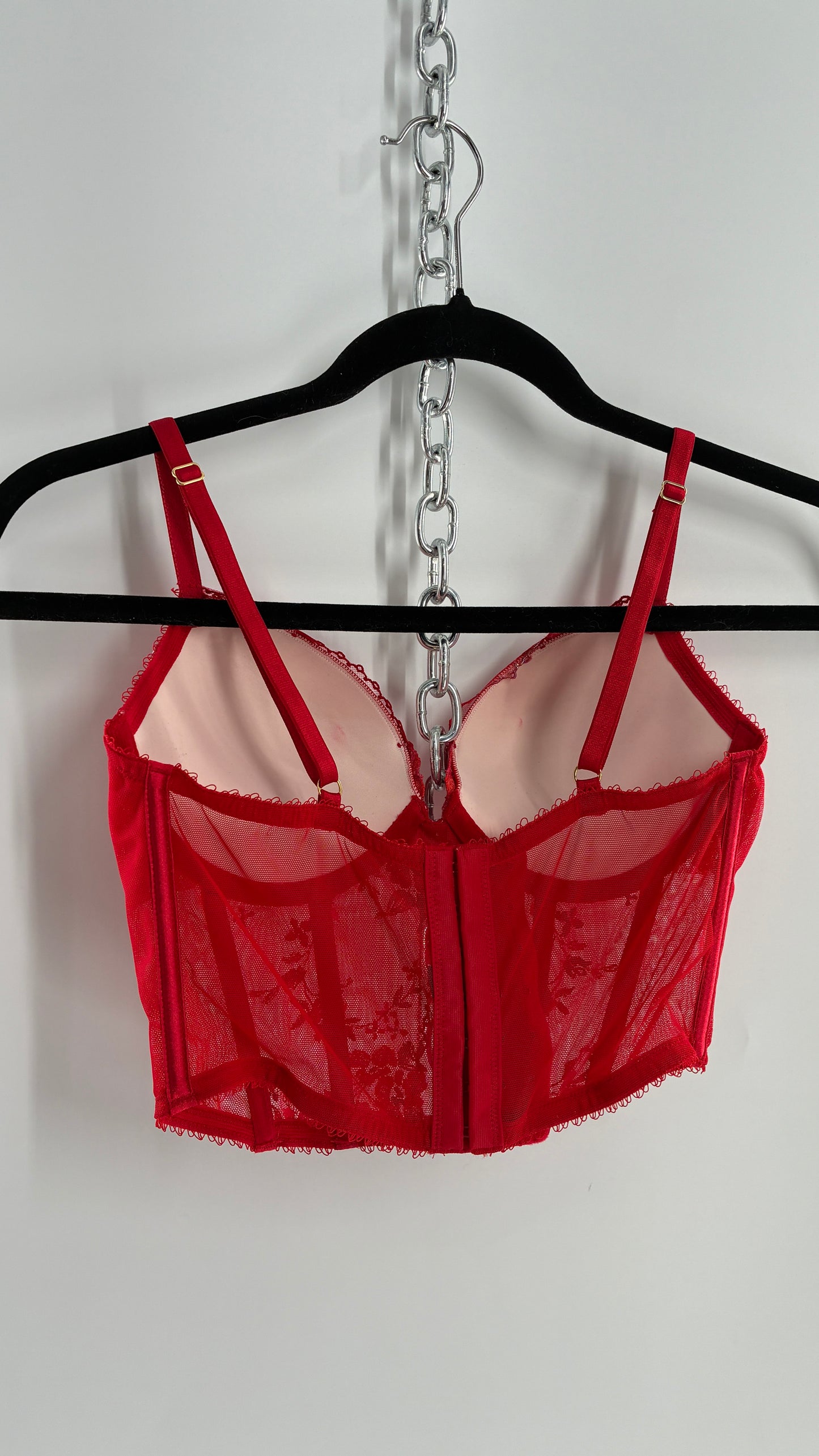 Vintage Red Corset with Iridescent Floral Lace and Padded Bust (32C/Small)