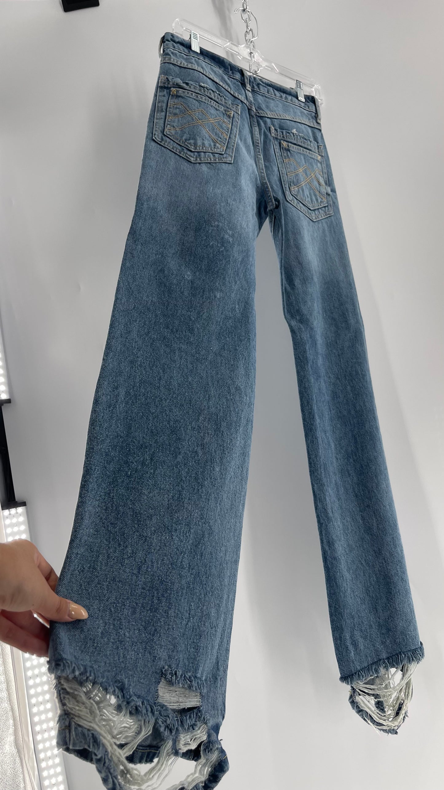 Free People Light Wash Straight Leg Jeans with Distressed Hem, Double Pockets and White Paint with Tags Attached (25)