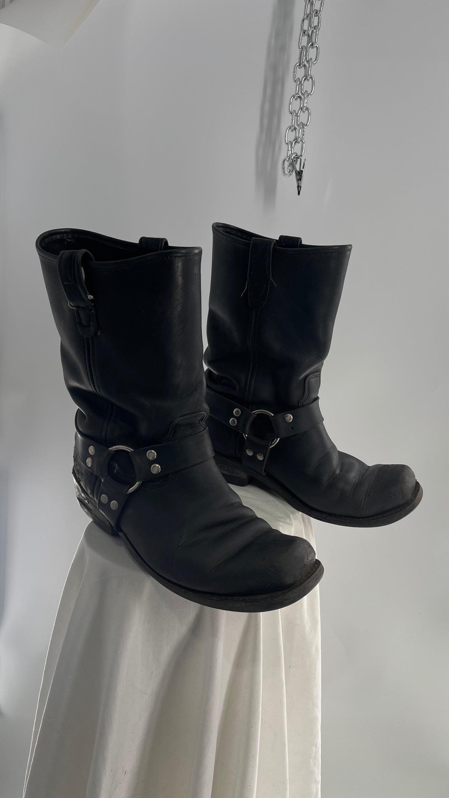 Vintage SIERRA Black Heavy Duty Sloppy Scuffed Distressed Leather Motorcycle Boots (10.5)