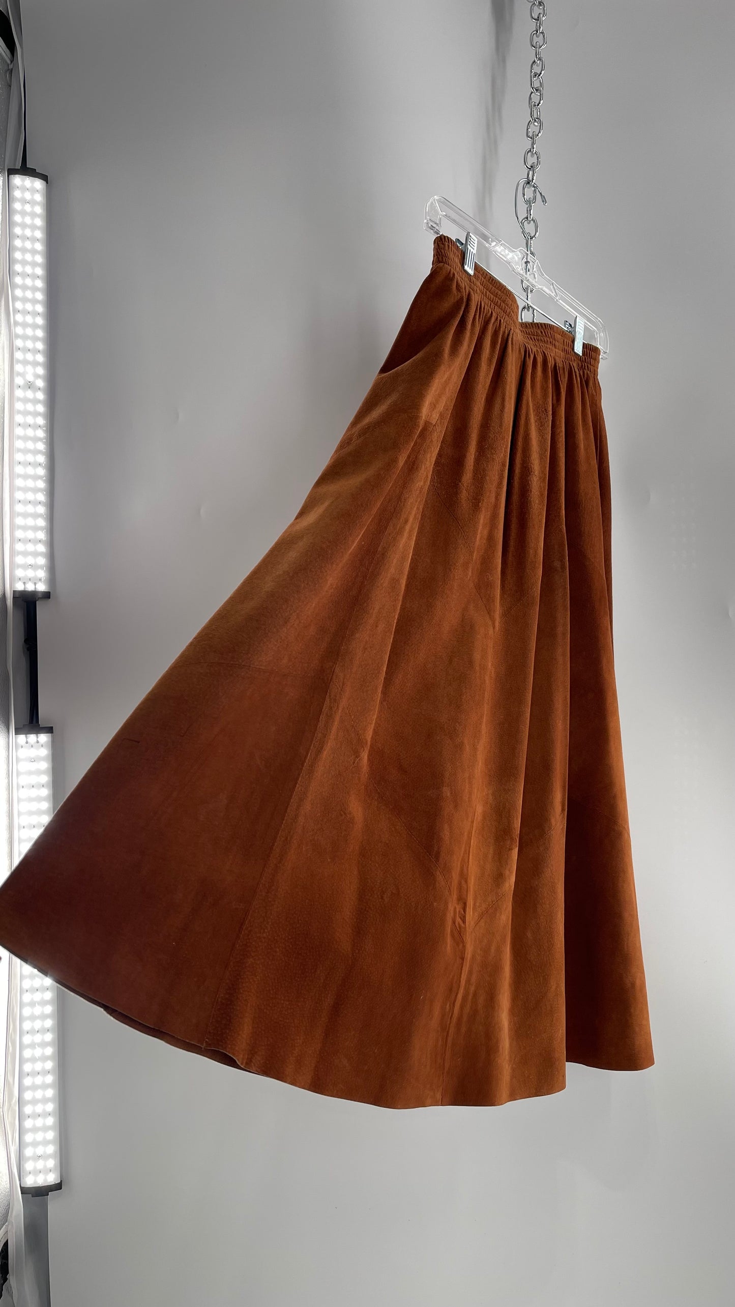 Vintage Brown Leather Suede Paneled Voluminous Skirt Assembled in Mexico (S)