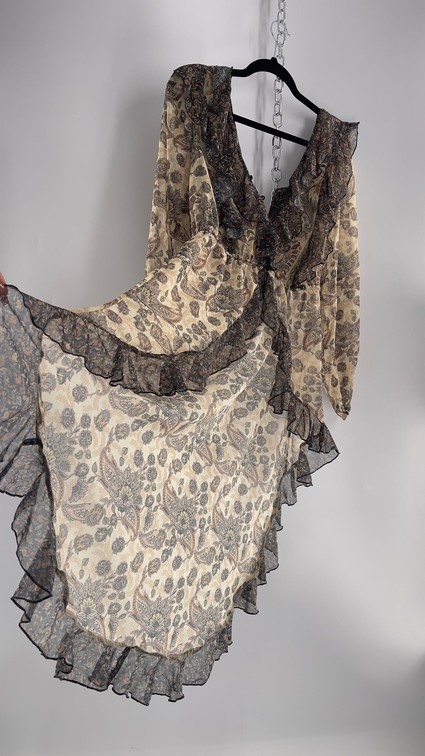 Free People Let Me Be Paisley Dual Toned High Low Sweeping Cape with Ruffled Bust and Hemline with Tags Attached (Small)