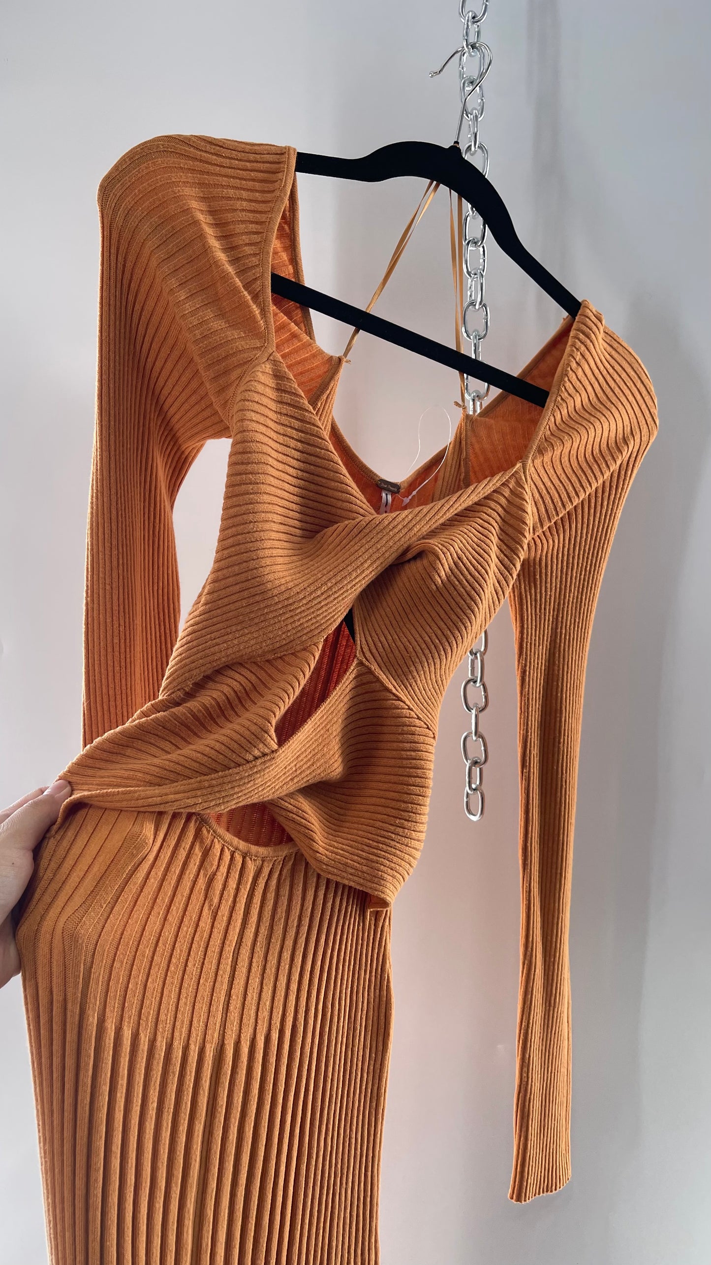 Free People Orange Ribbed Knit Maxi Dress with Cross Over Exposed Midriff Dress (Medium)