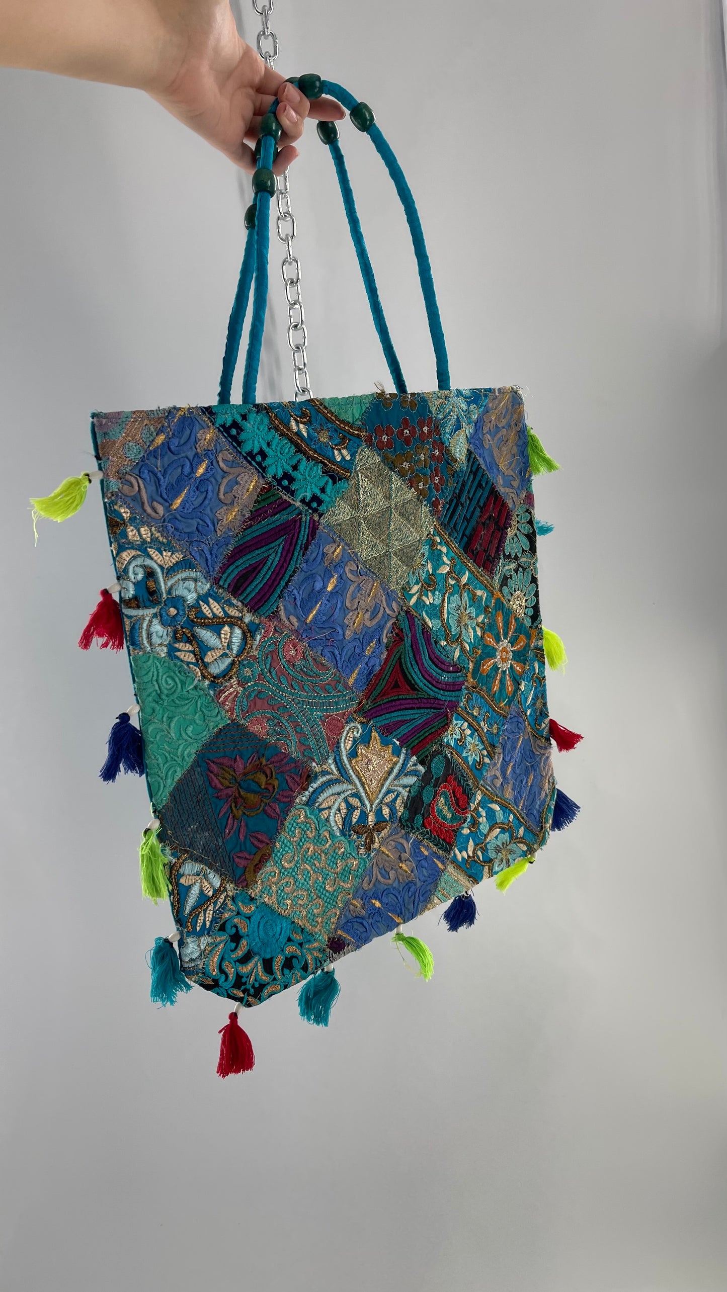 Imported Blue Patchwork Tote from Brazil with Tassel Detailing