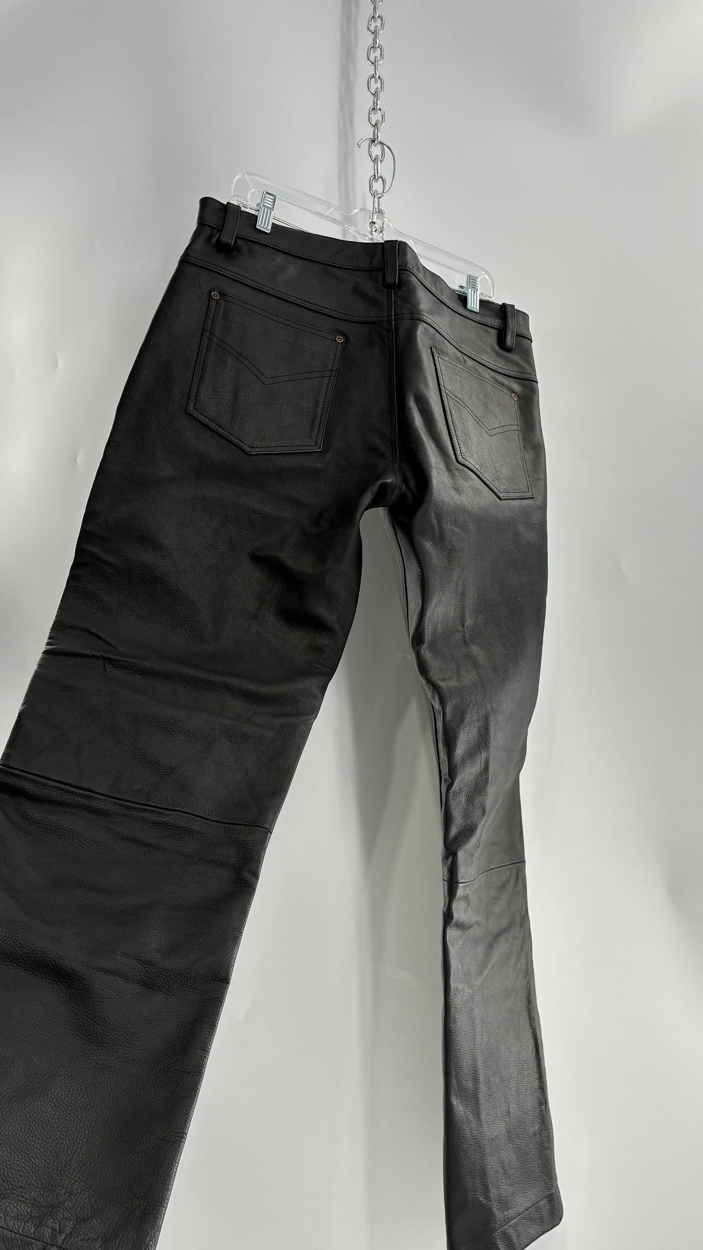 Vintage Button Front, French, Black, Thick Genuine Leather Pants (36)