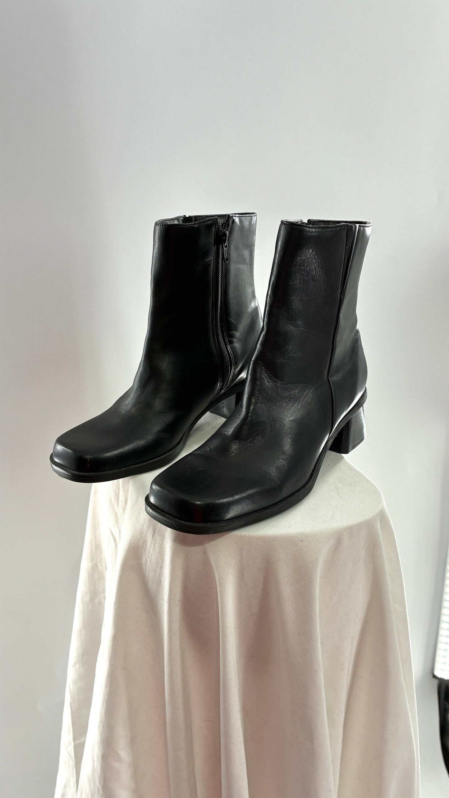 Vintage Naturalizer Black Square Toe Genuine Leather Block Heel Boots Made in Brazil (8)