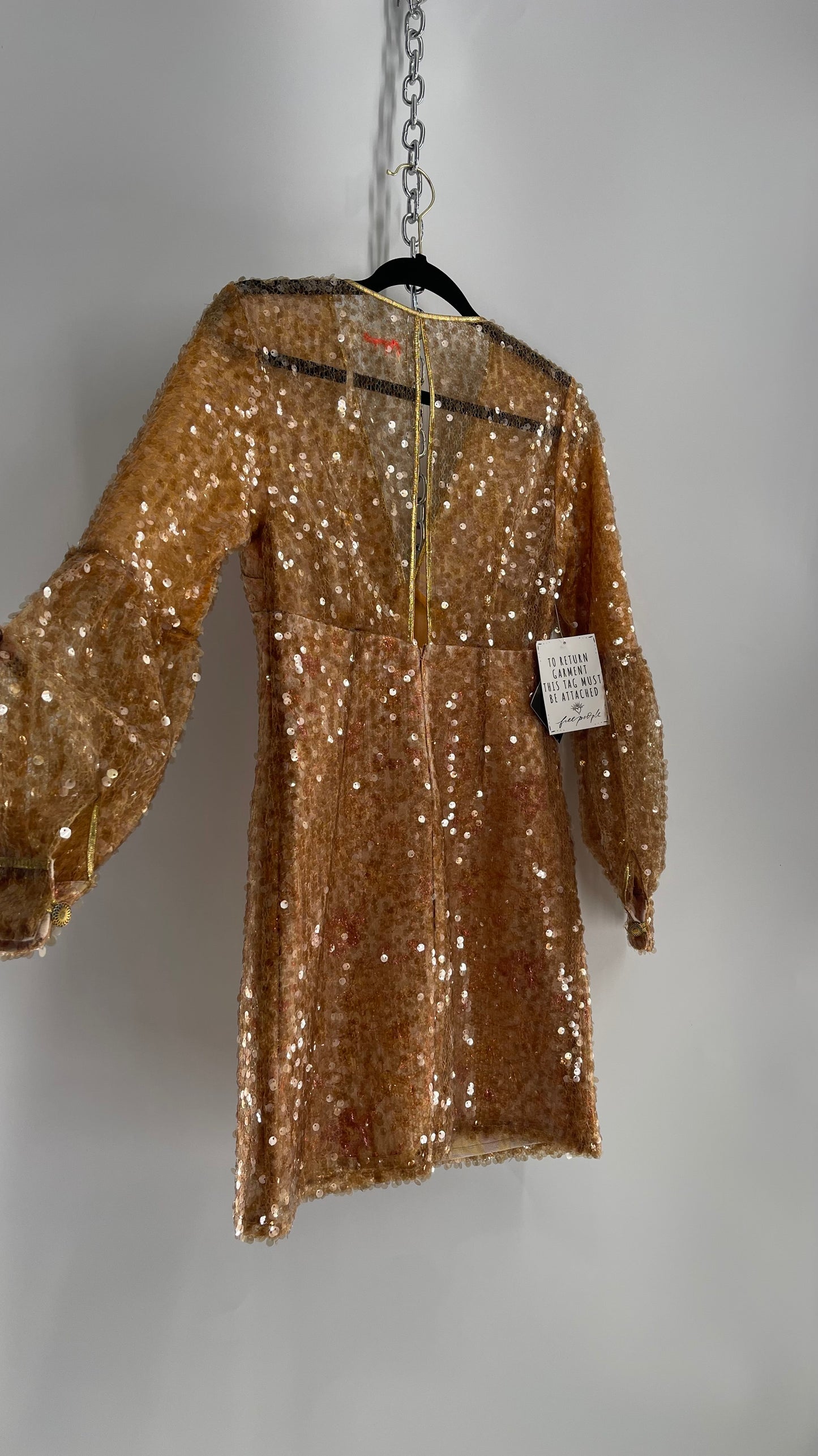 Free People Tapestry Underlay and Gold Sequin Overlay A-Line Mini Dress with Bubble Sleeves
(2)