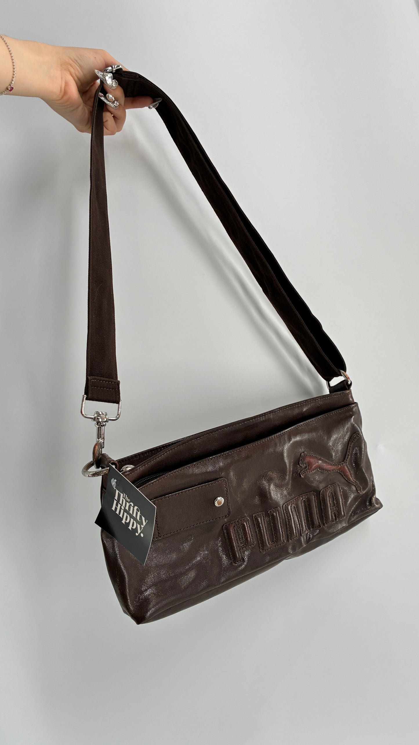 RARE Distressed Vintage PUMA Shoulder Purse, Brown W/ Iconic Logo