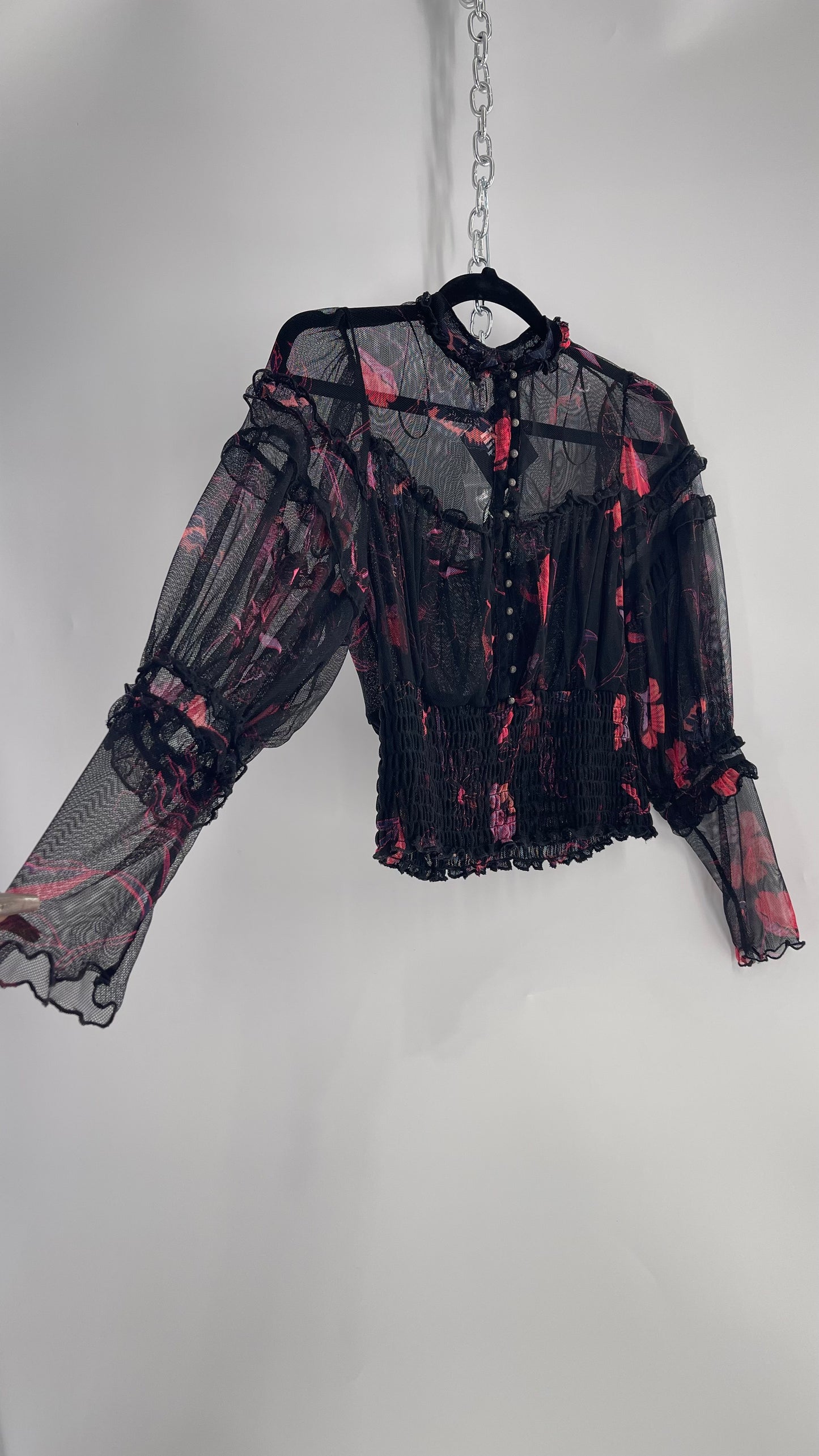 Free People Black Mesh Top with Smocked Waist, Buttoning and Contrasting Florals (Medium)