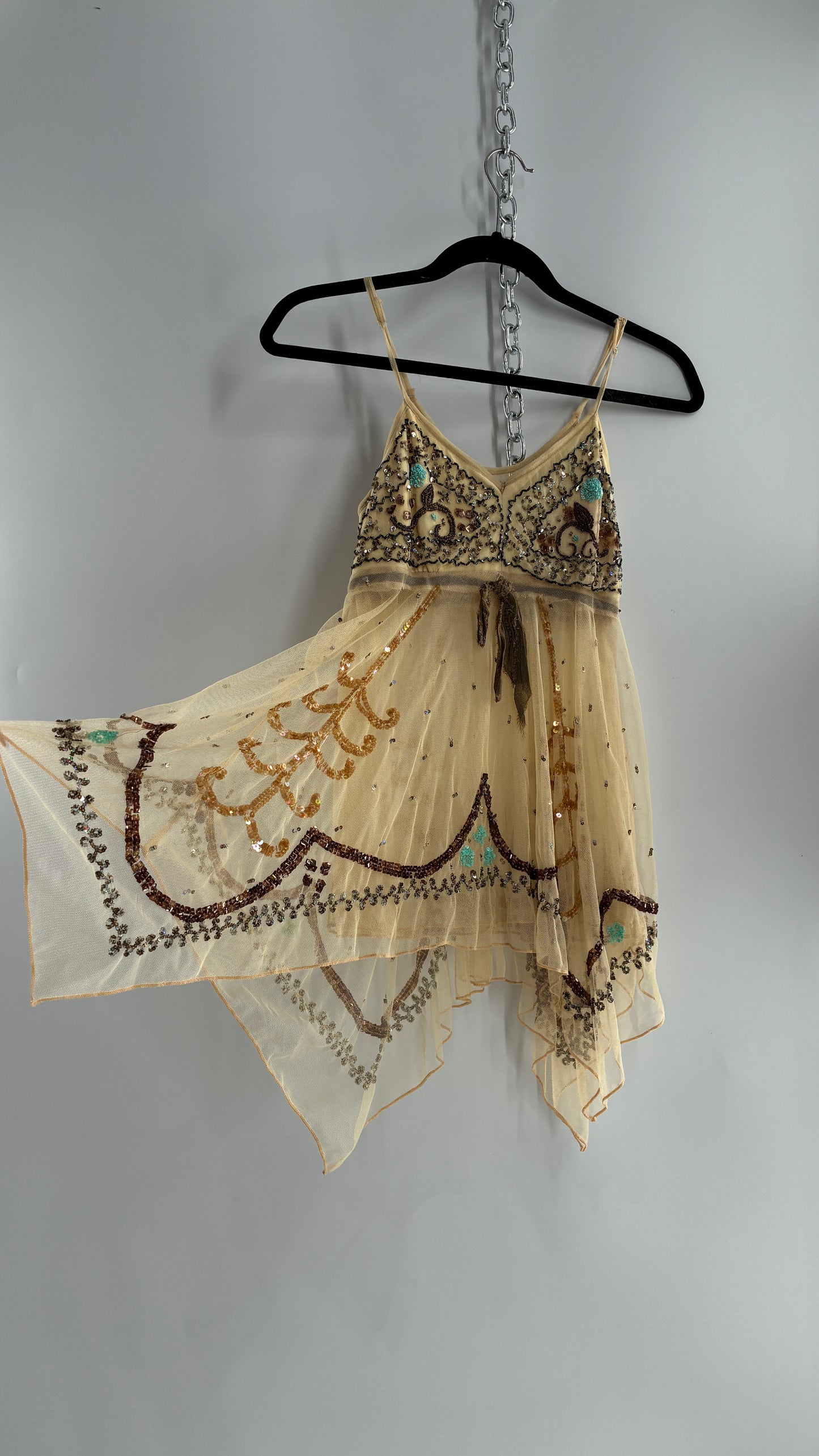 Handmade Beige Handkerchief Camisole with Hand Beaded Details (XS)