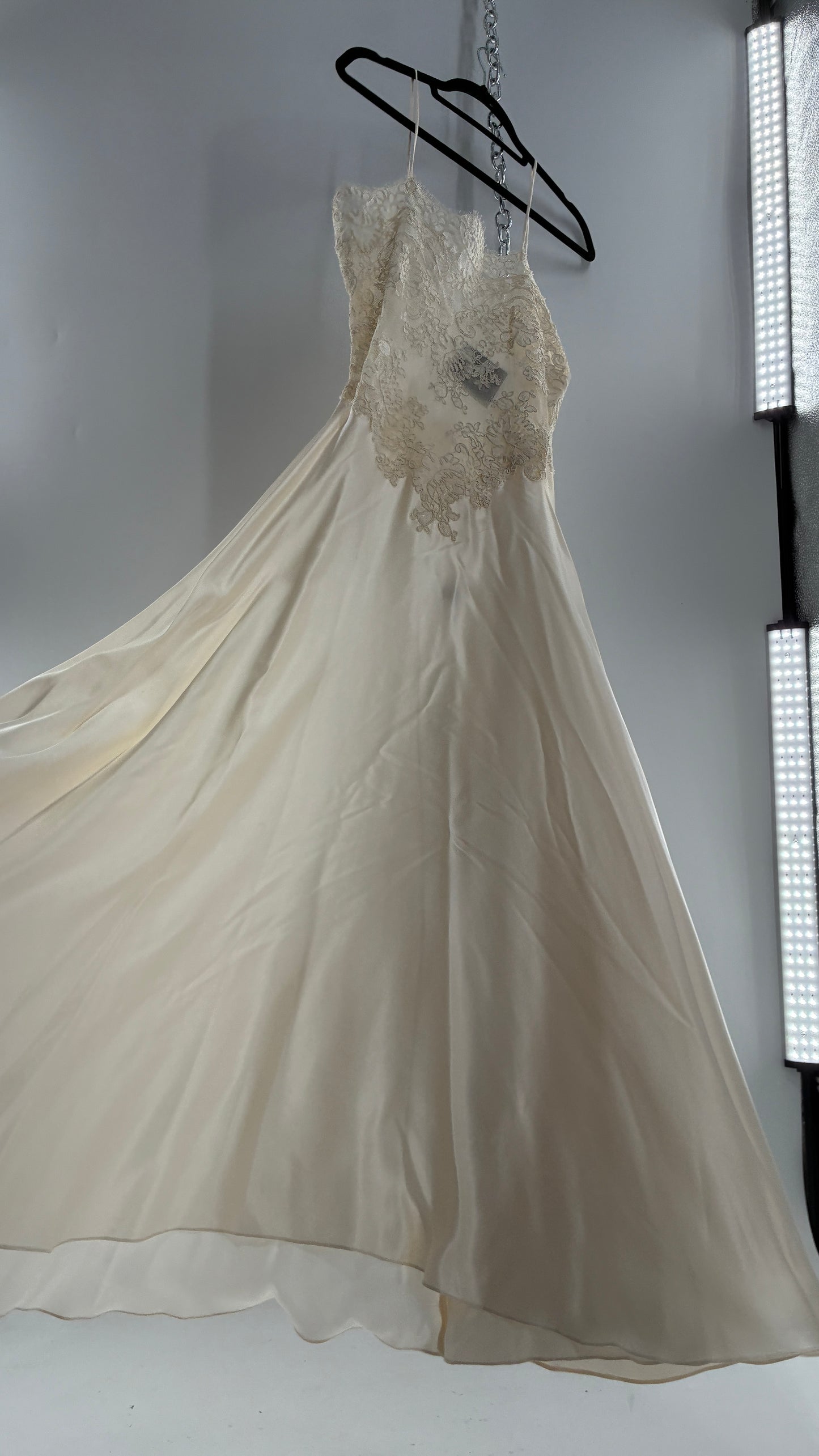 Vintage JONQUIL 100% Silk Gown with Heavy Lace Appliqués and Low Cut Sheer Back (Medium)