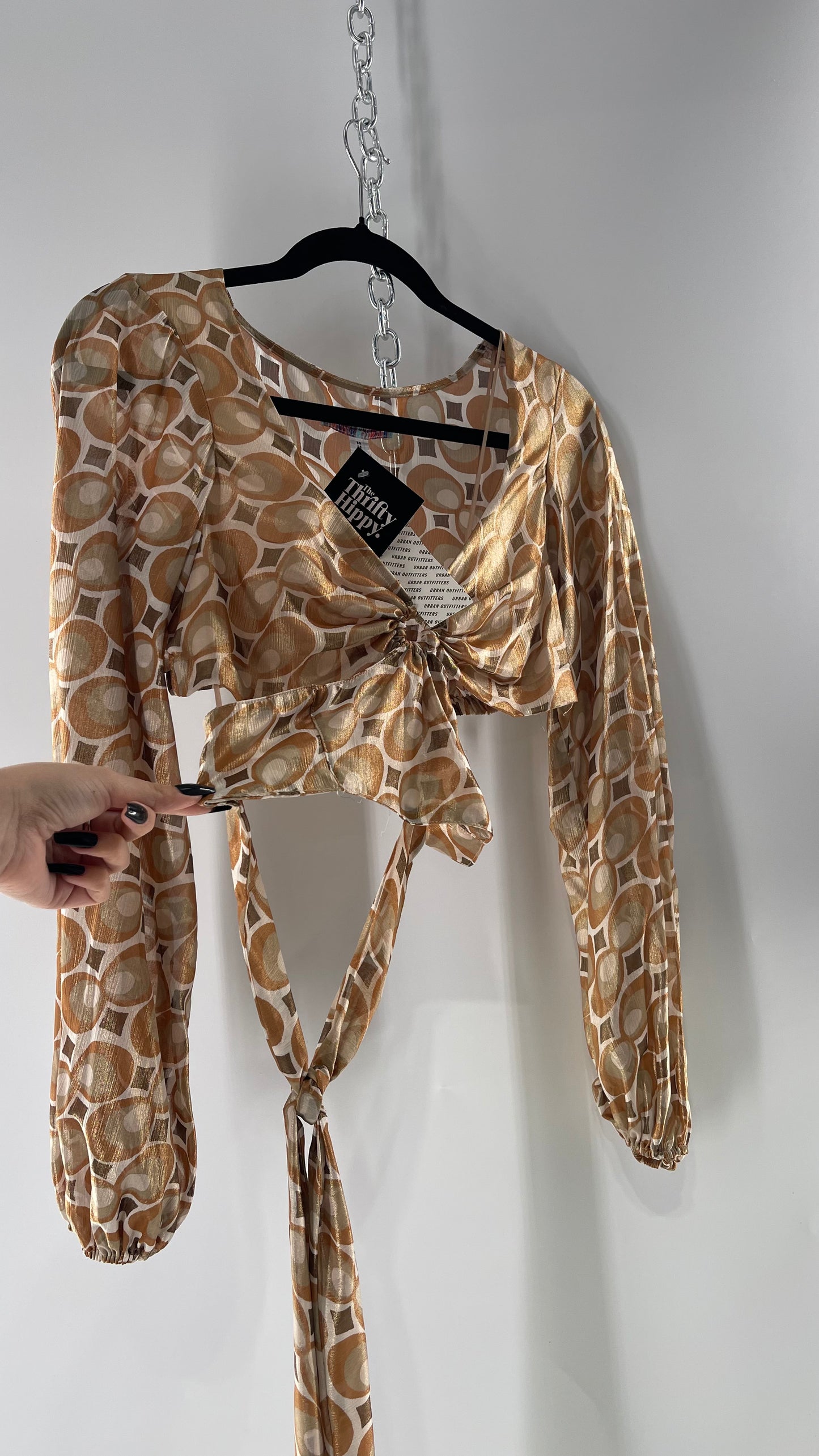 Urban Outfitters Shimmer Top Balloon Sleeve Gold Retro Print Cut Out Tie Around Blouse (Medium)