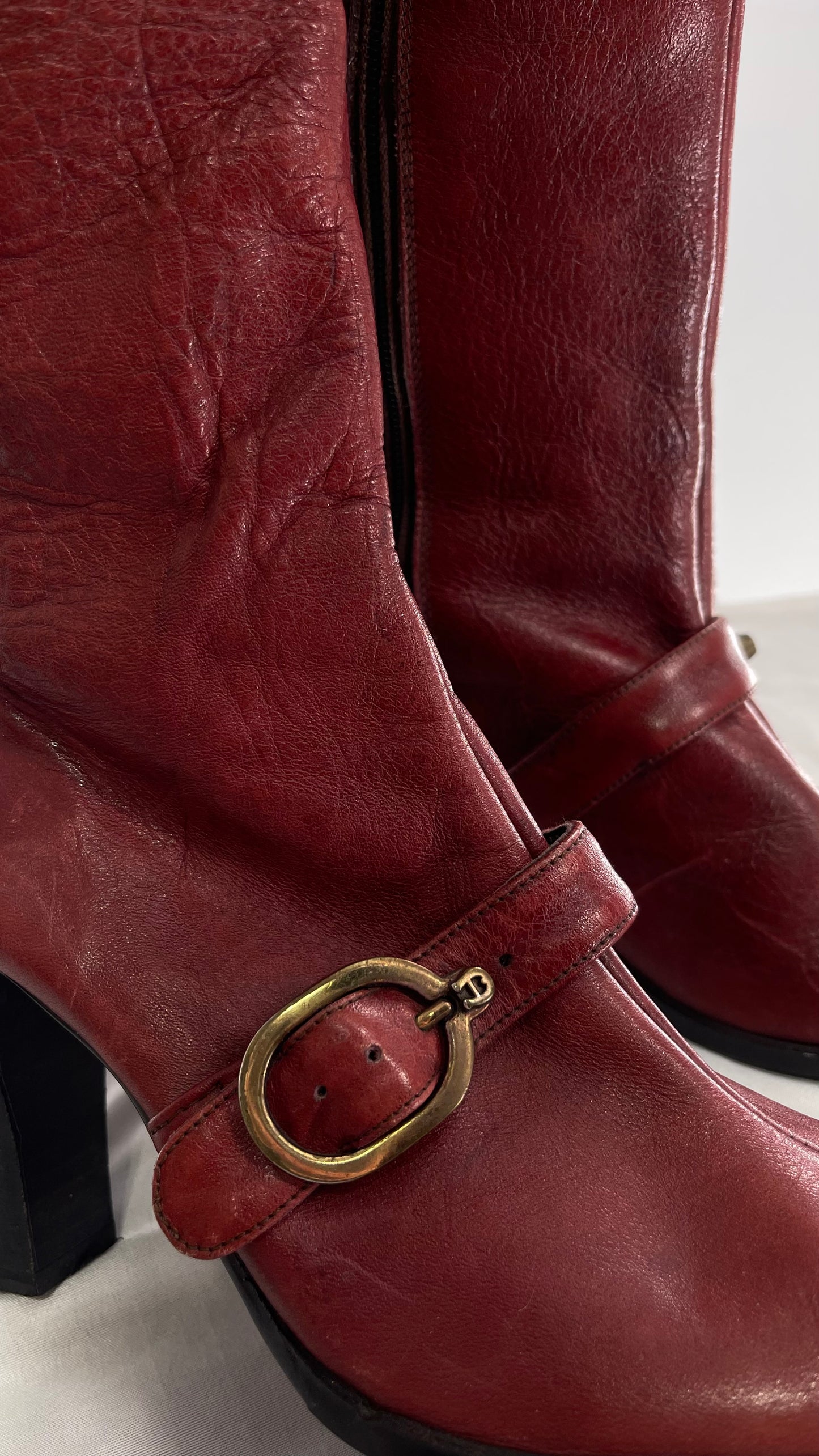Vintage Etienne Aigner Red Italian Leather Boots with Buckle Strap (8.5)