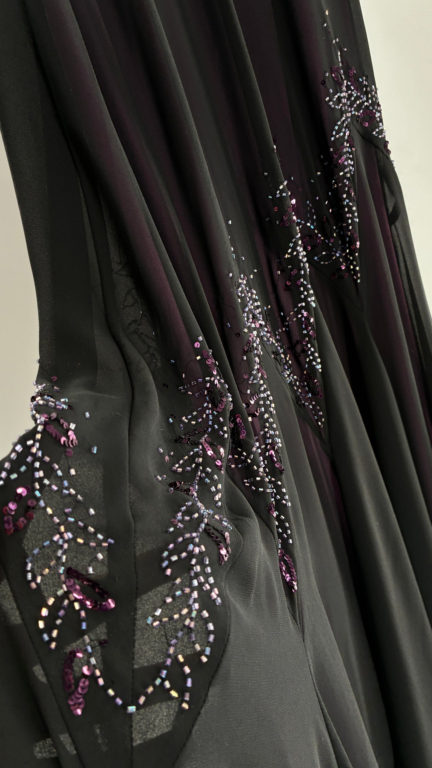 Vintage XSCAPE Full Length Black Beaded Gown with Purple Underlay (4)