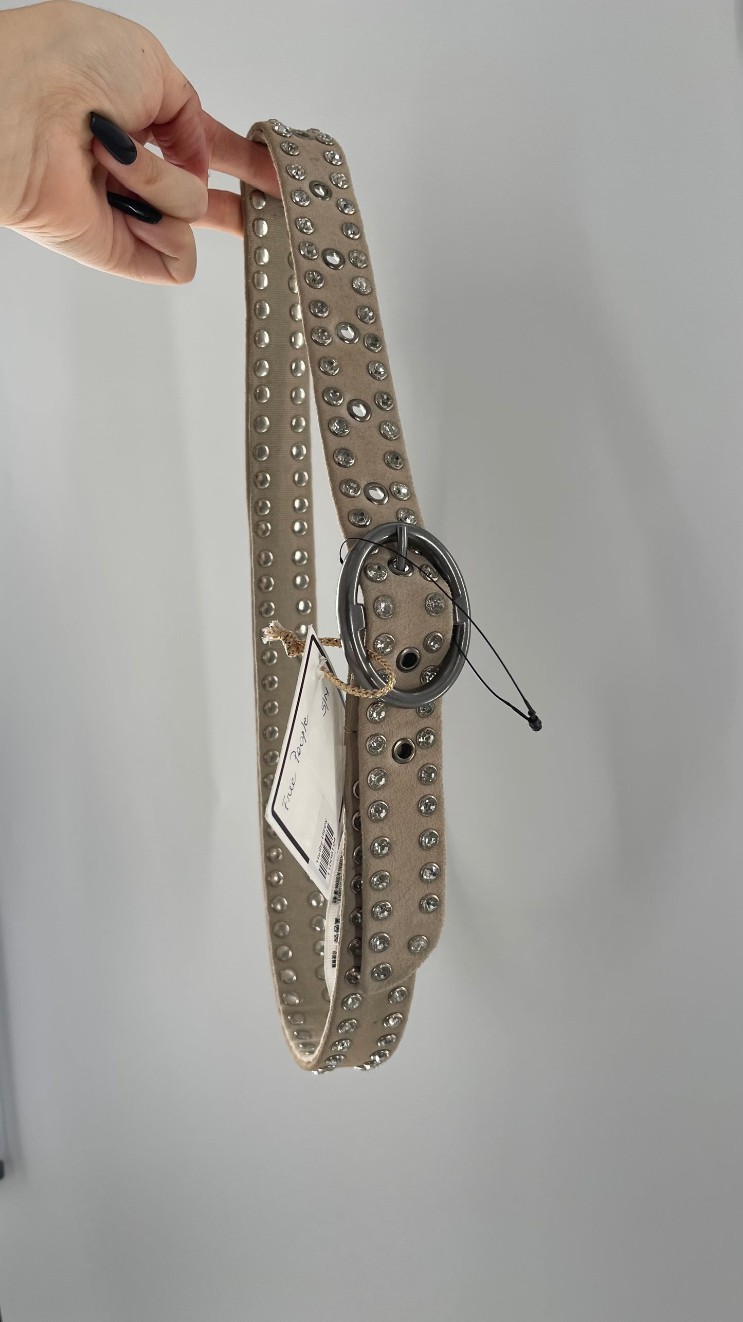Free People Beige Leather Canvas Studded Rhinestone Crystal Studded Belt with Heavy Metal Buckle (S/M)
