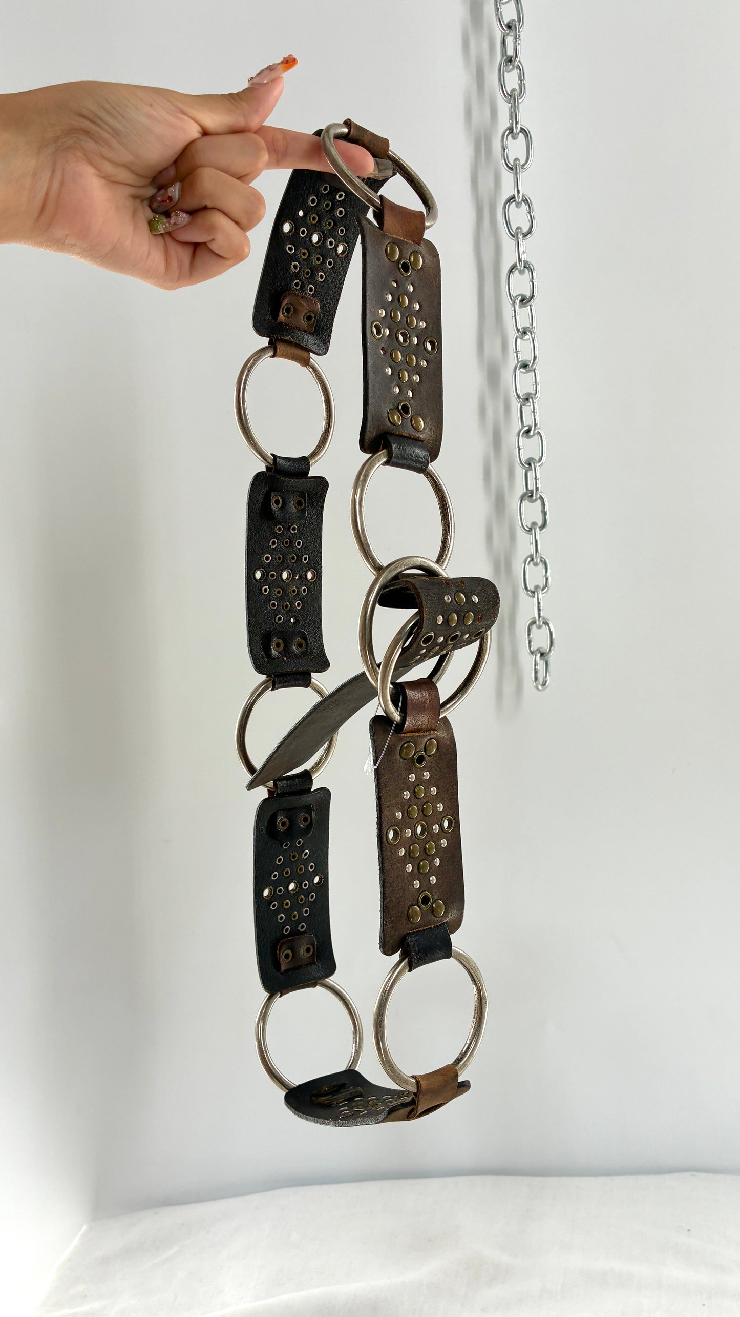 Vintage Studded Leather and Interconnected Metal Ring Belt