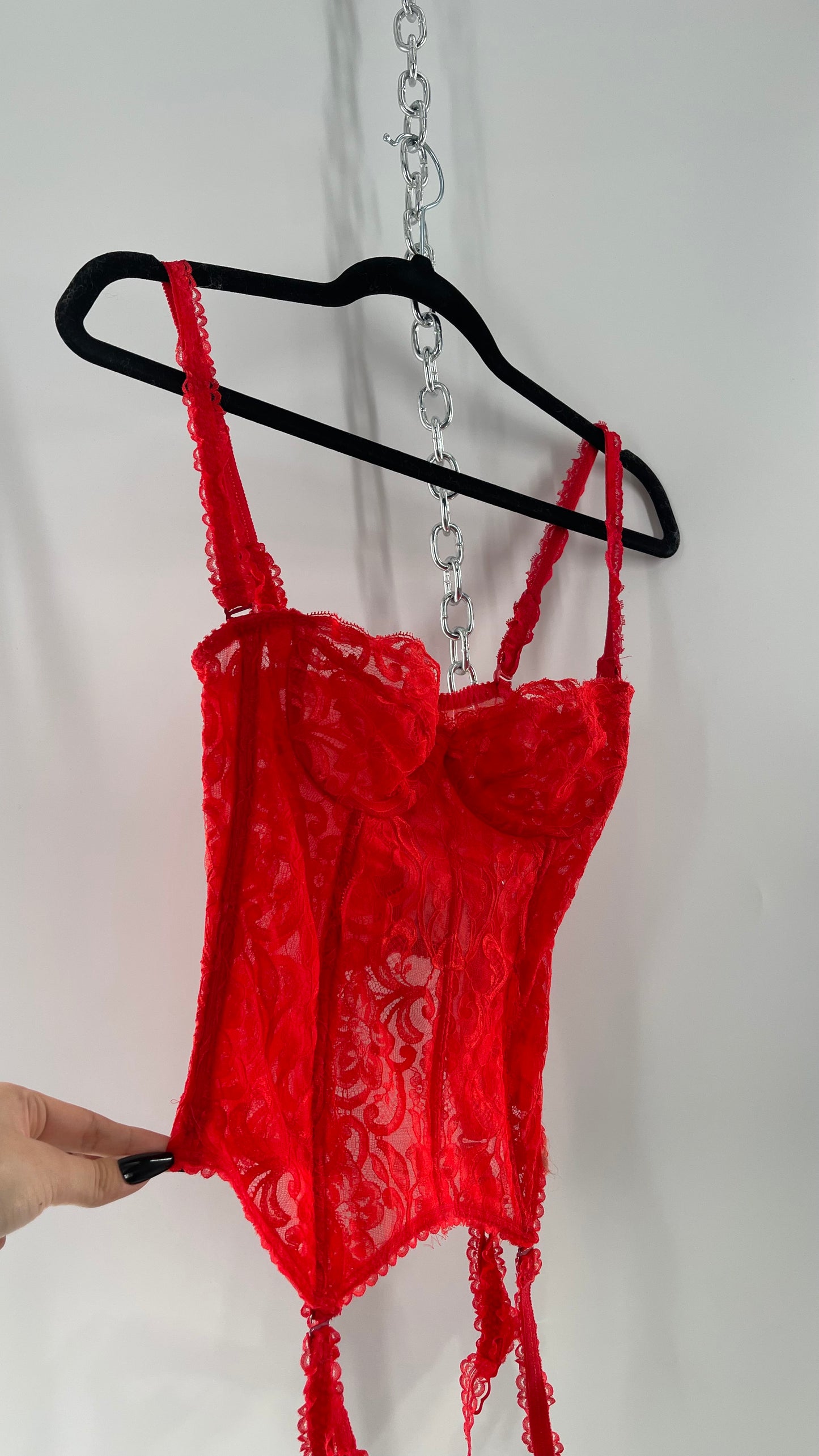 90s Vintage Red Lace Corset with Ruffled Sleeves and Removable Garter Straps (32B)