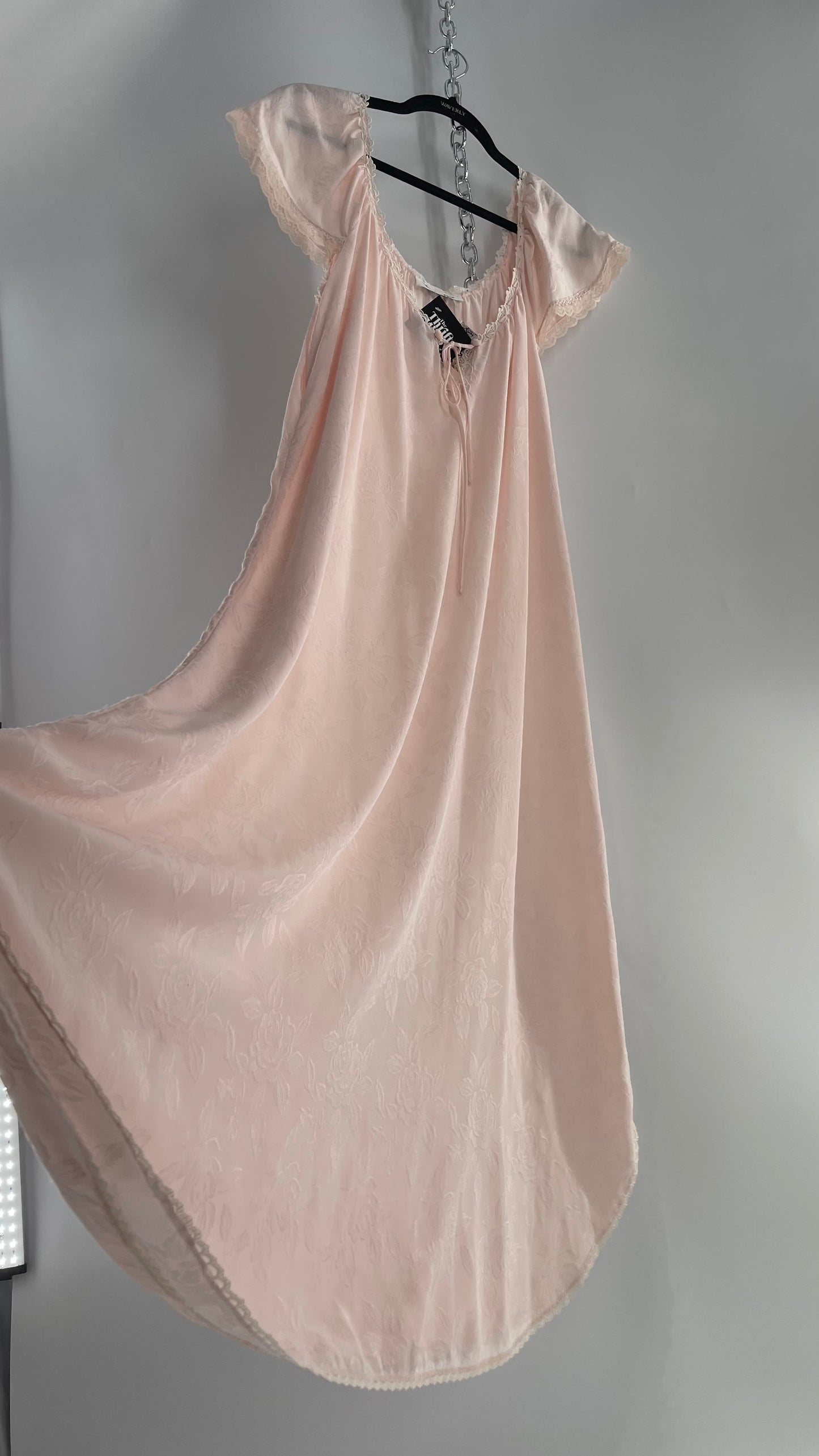 Vintage Christian Dior Pink Night Gown/ Maxi Dress with Floral Embossed Design, Lace Trim and Rosettes (Large)