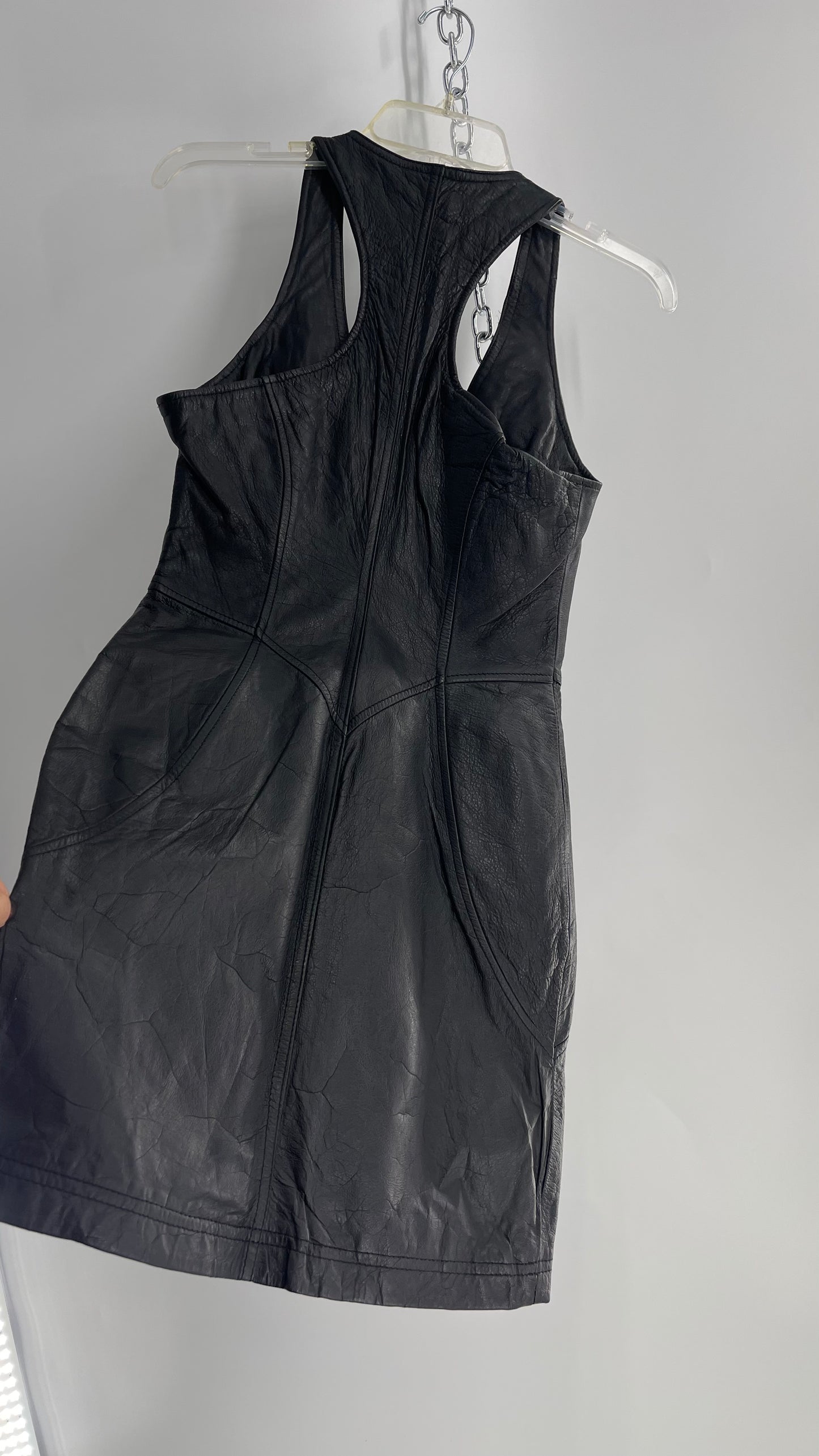 Vintage 1980s VERDUCCI Black Leather Zip Front Mini Dress (Small)