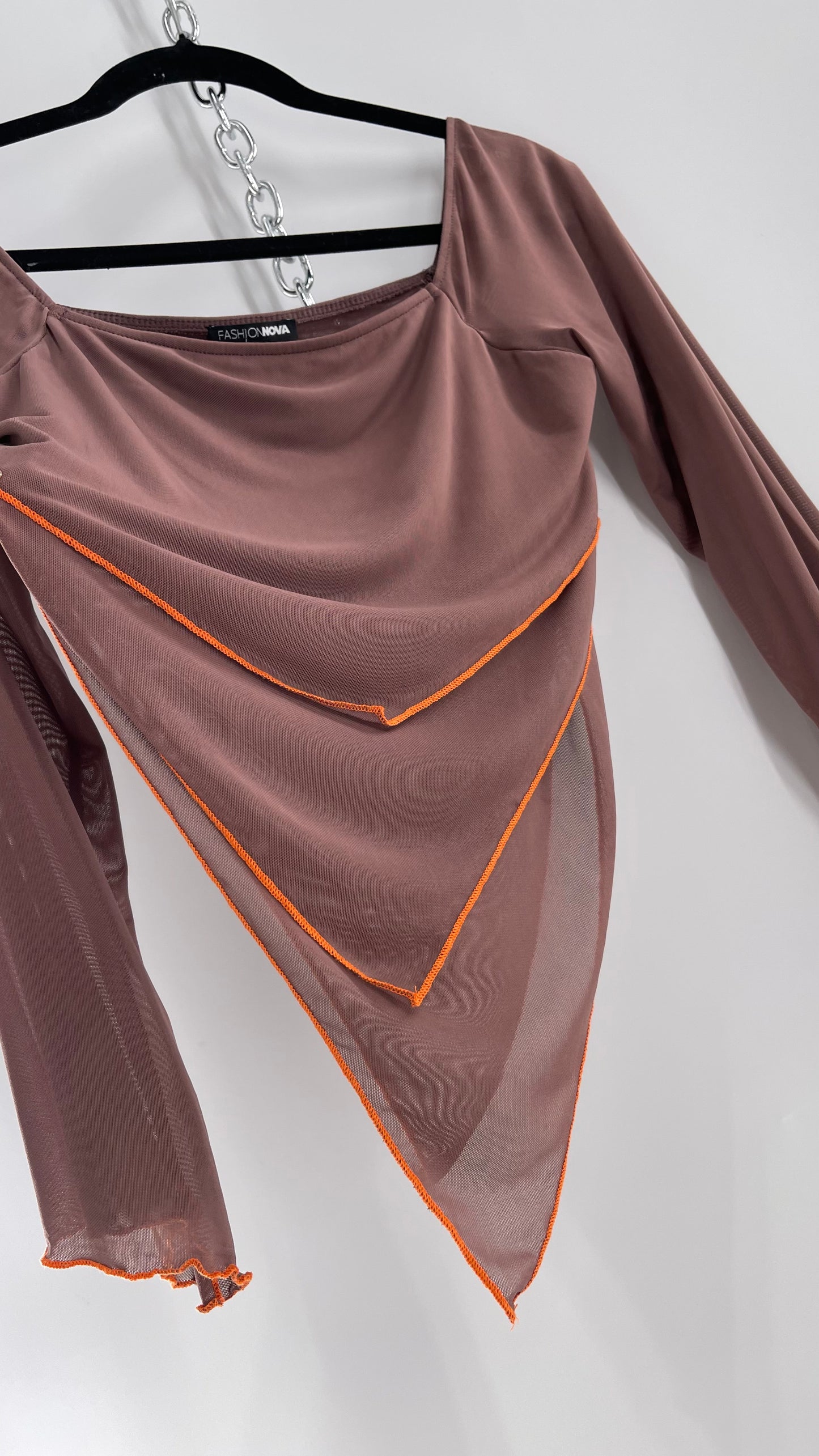 Fashion Nova Brown Mesh Pointed Hem Blouse with Bell Sleeves and Orange Contrast Stitch